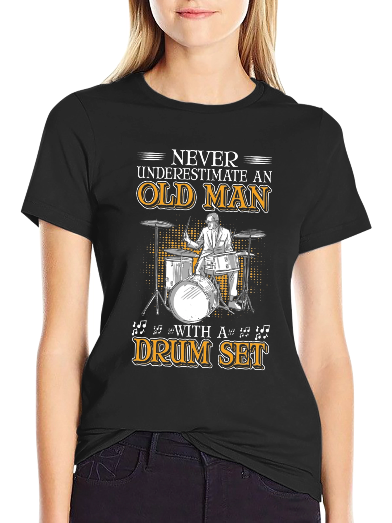Black Old Man Drum Set T-Shirt - Musician Gift view 2