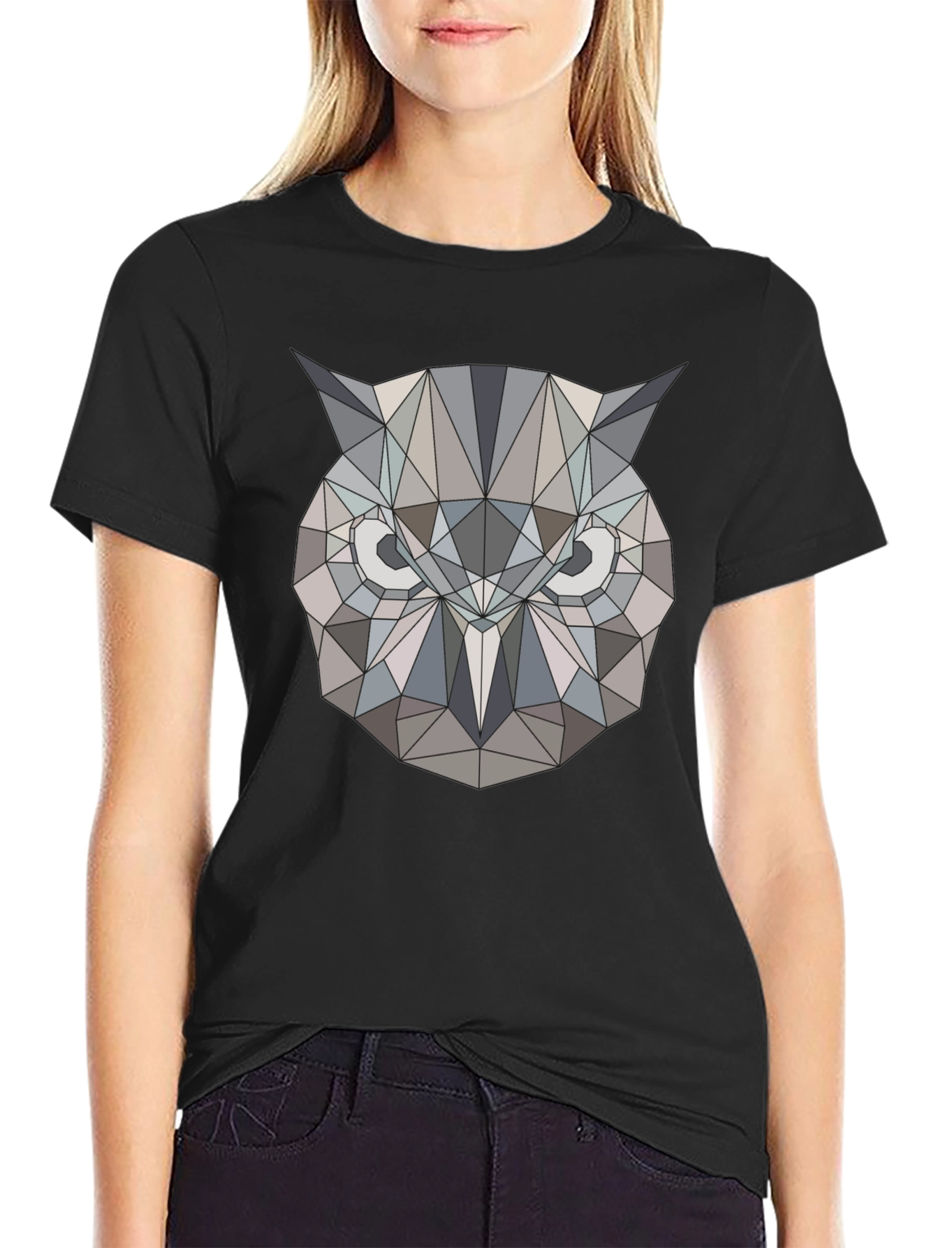 Black Geometric Owl Print Black T-Shirt view 2