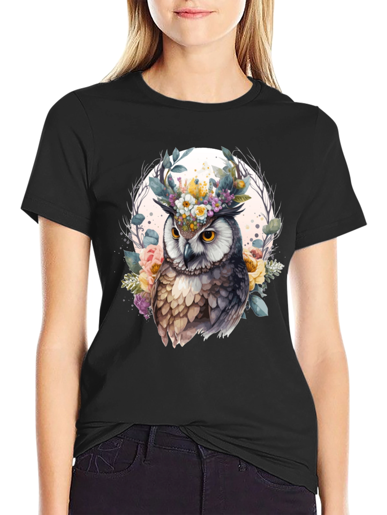 Black Floral Owl Graphic Tee - Unique Design view 2