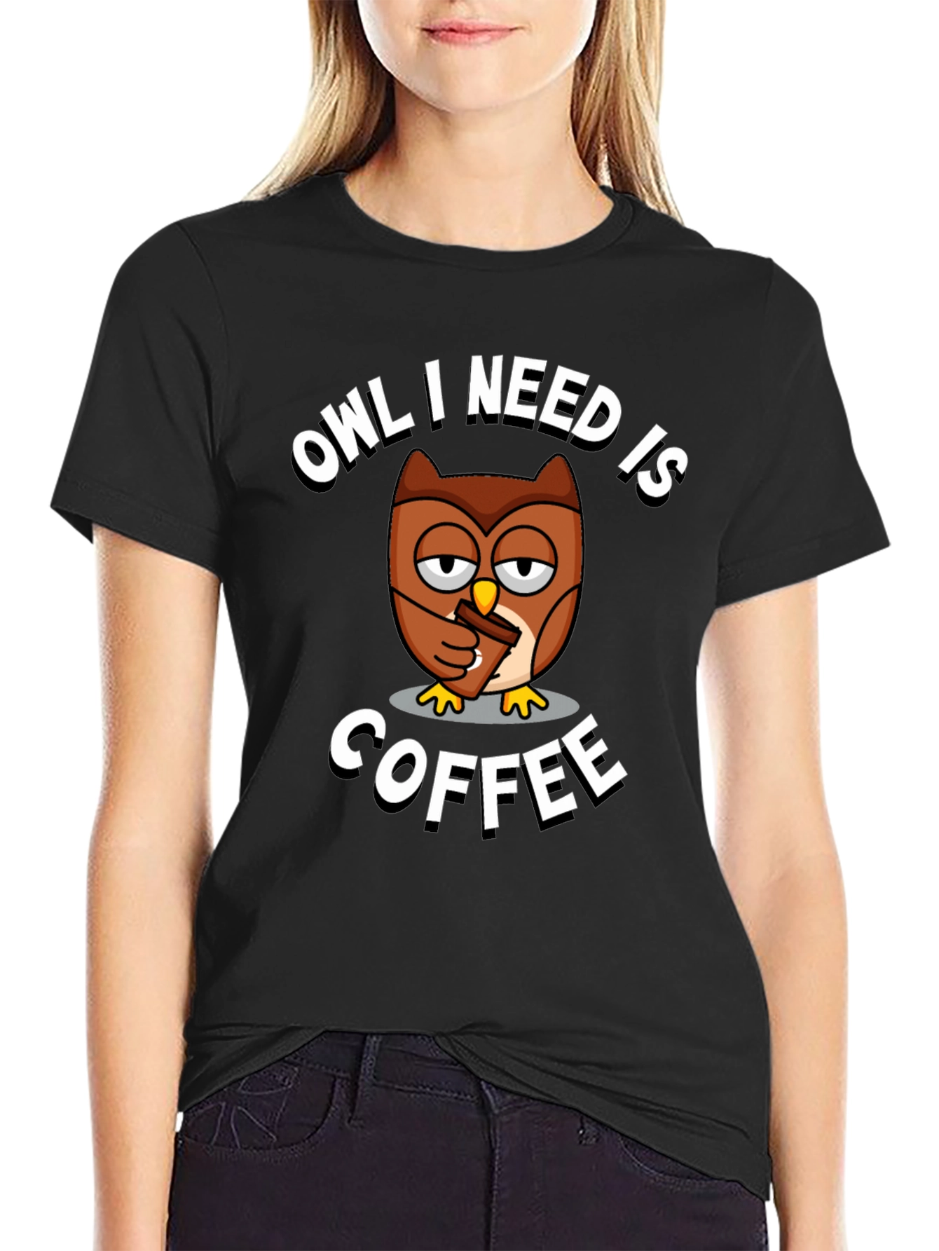 Black Owl I Need Is Coffee Graphic Tee view 2