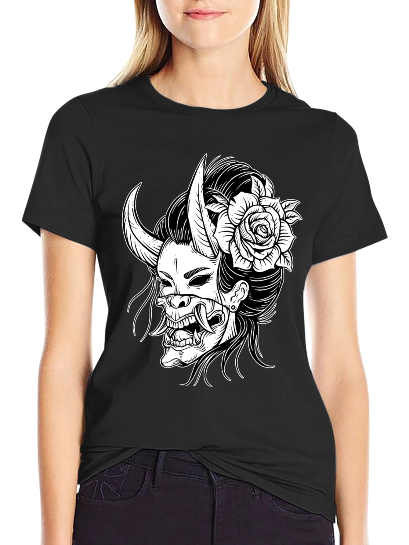 Black Black T-Shirt with Oni Mask & Rose Graphic view 2