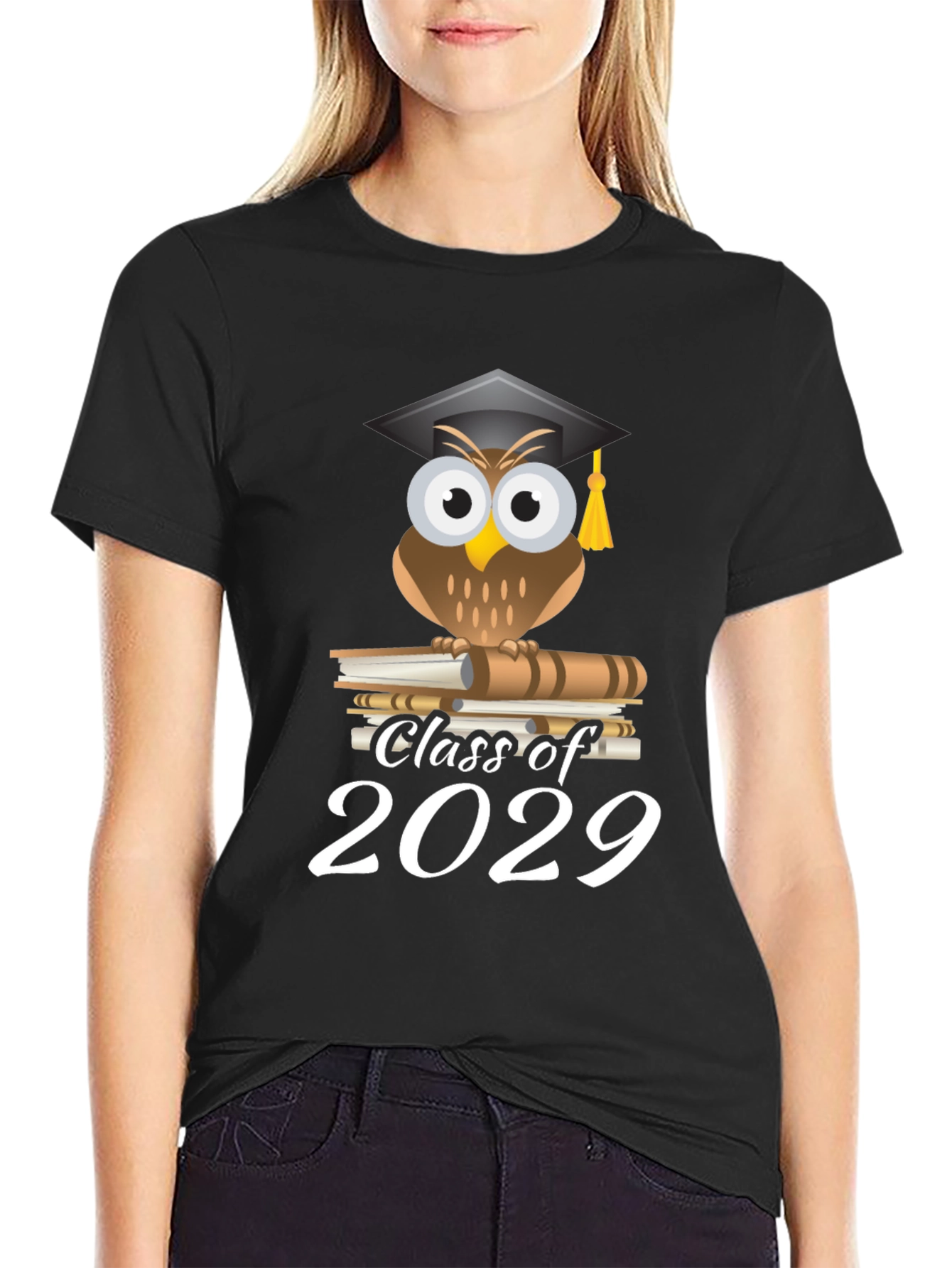 Black Class of 2029 Owl Graduation T-Shirt view 2