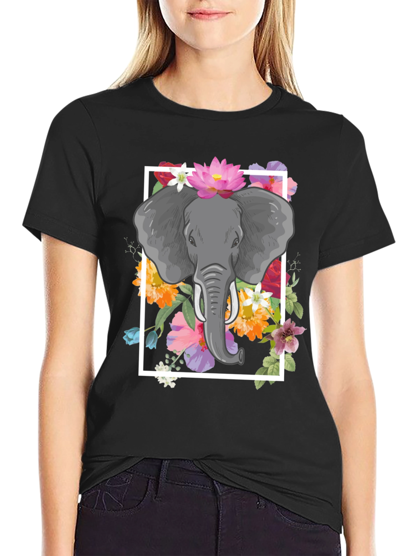 Black Elephant Floral Graphic Tee - Men's Black T-Shirt view 2