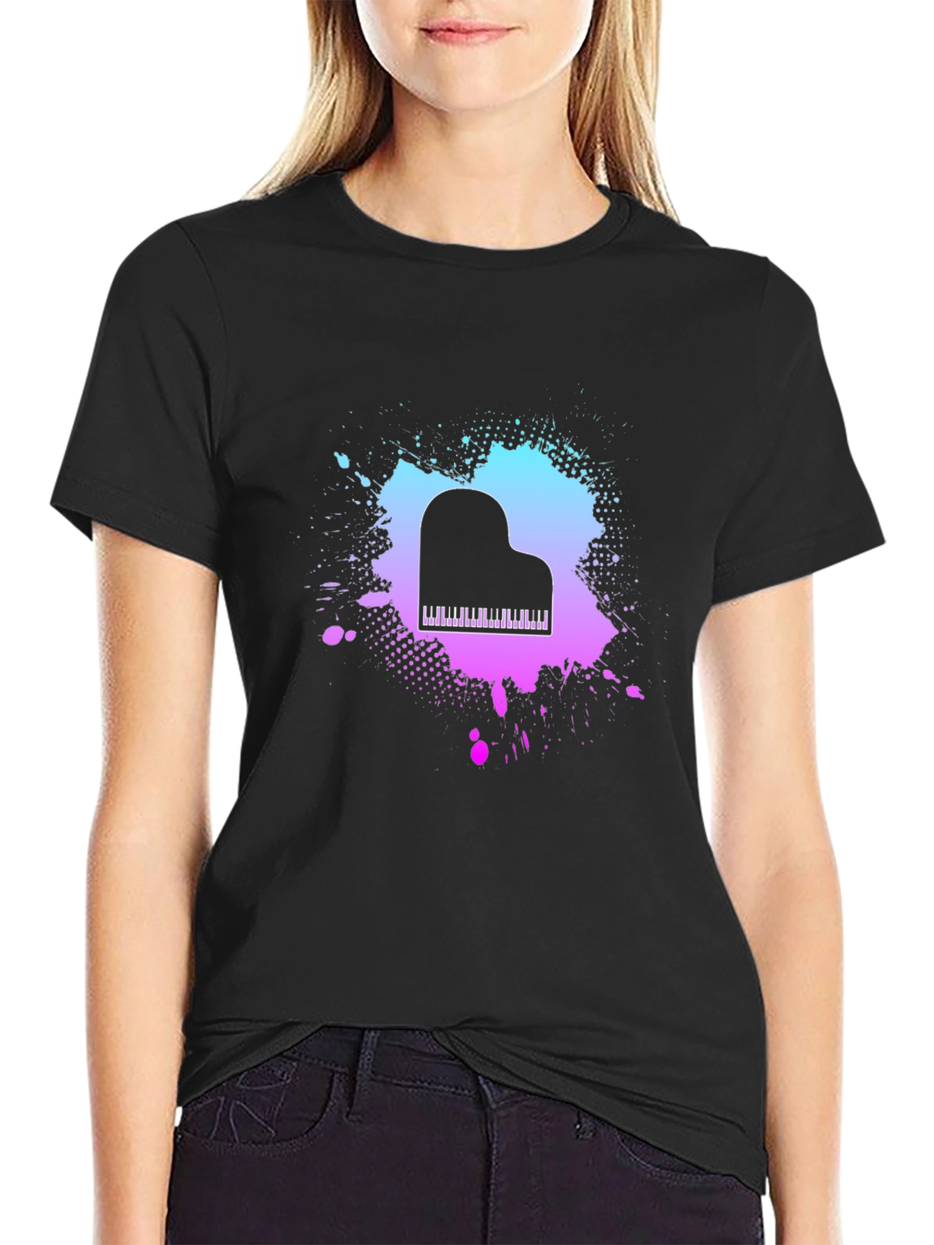 Black Piano Splash Graphic Tee - Music Lover's T-Shirt view 2