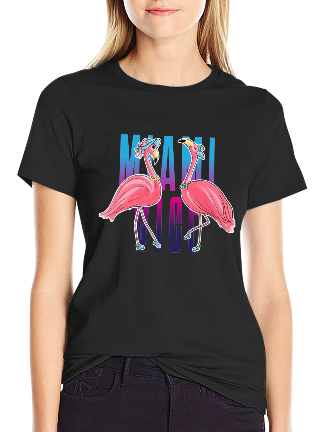 Black Miami Nights Flamingo T-Shirt view 2
