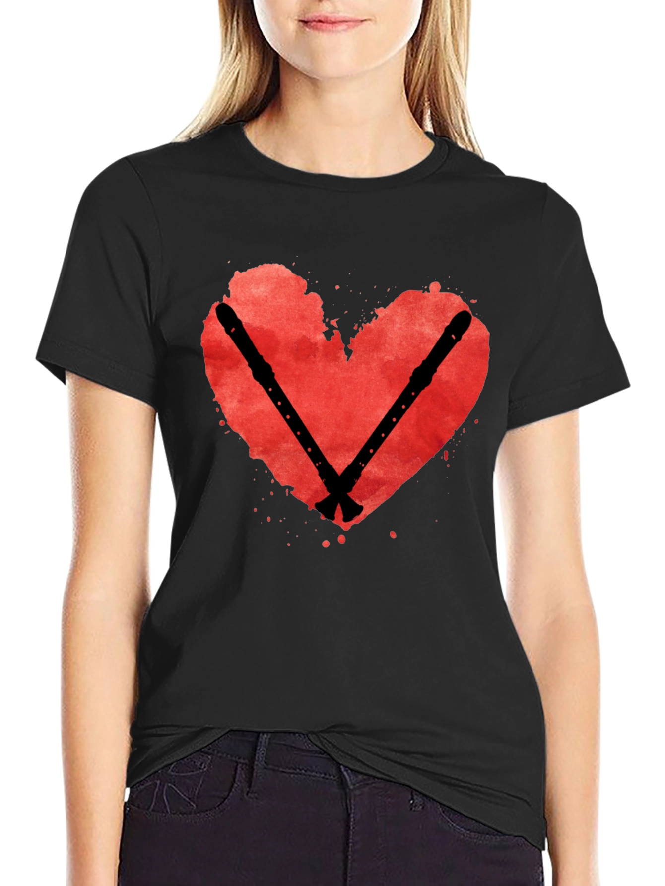 Black Heart & Flute T-Shirt: Music Lover Tee view 2
