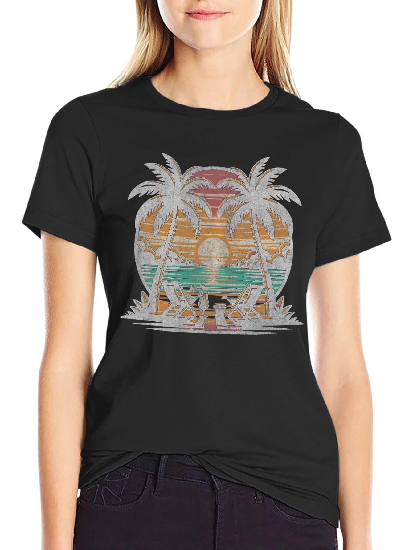 Black Retro Beach Palm Tree Sunset Graphic T-Shirt view 2