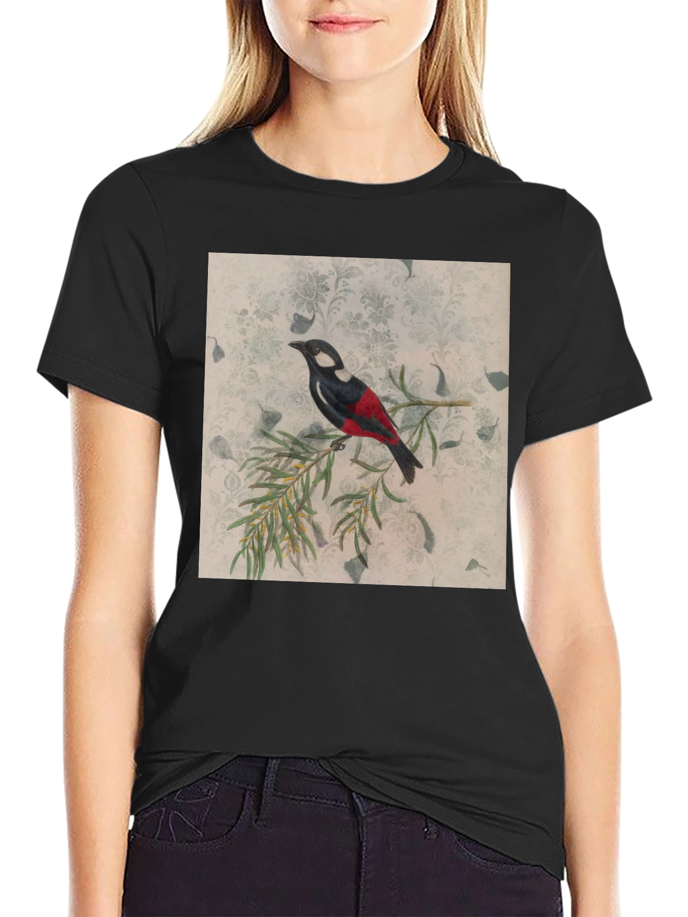 Black Vintage Bird Print Black T-Shirt view 2