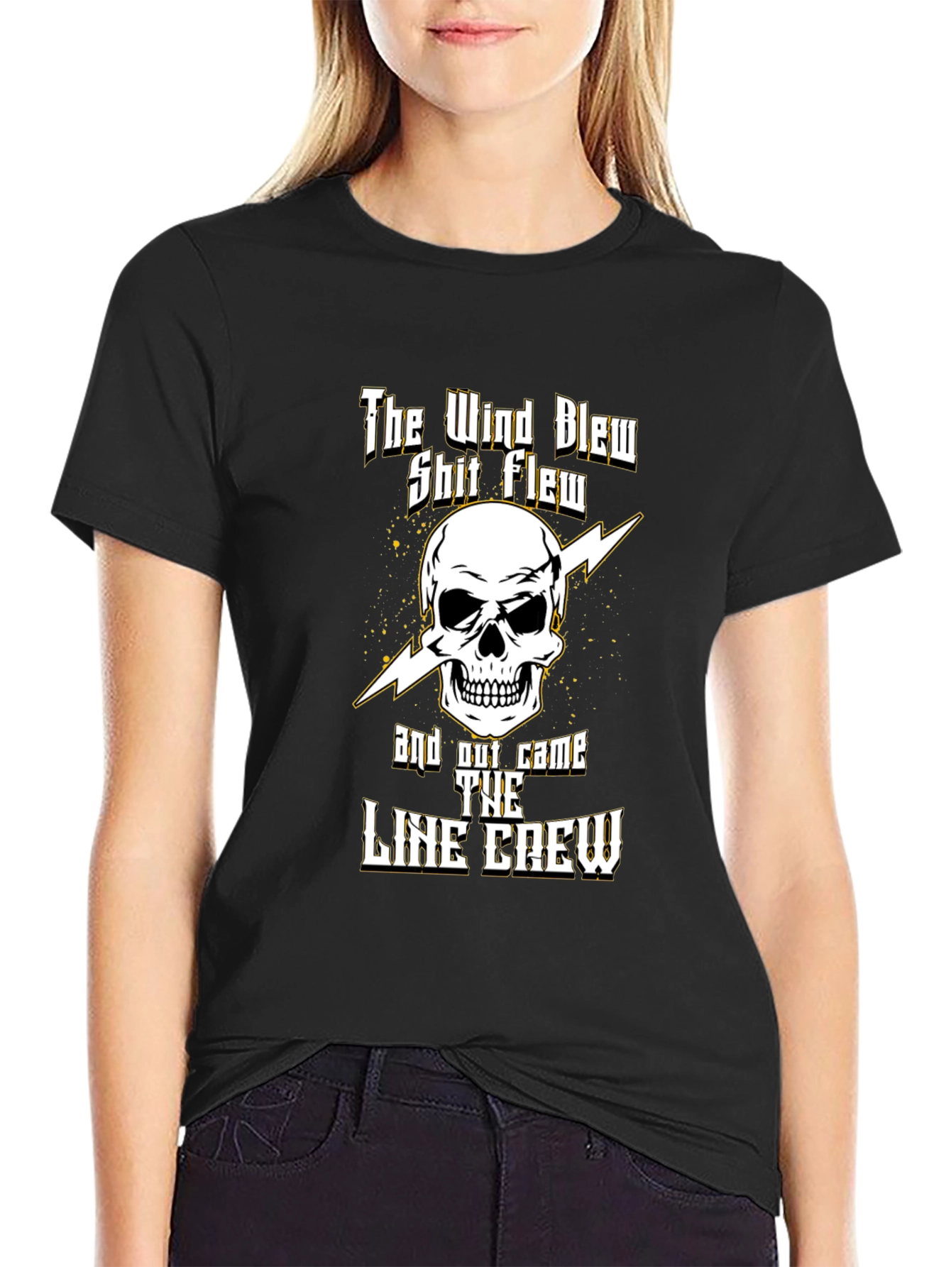 Black Line Crew Skull T-Shirt - Electrician Power Lineman Tee view 2