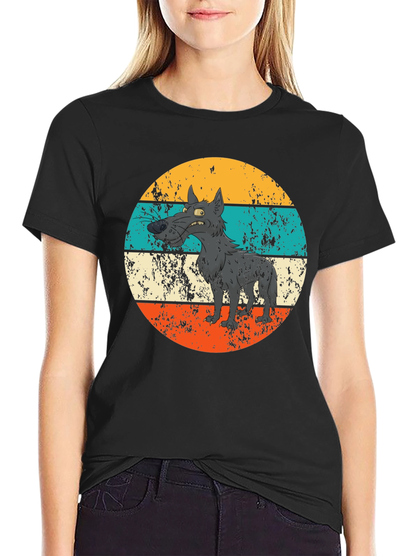 Black Retro Grumpy Wolf Graphic Tee view 2