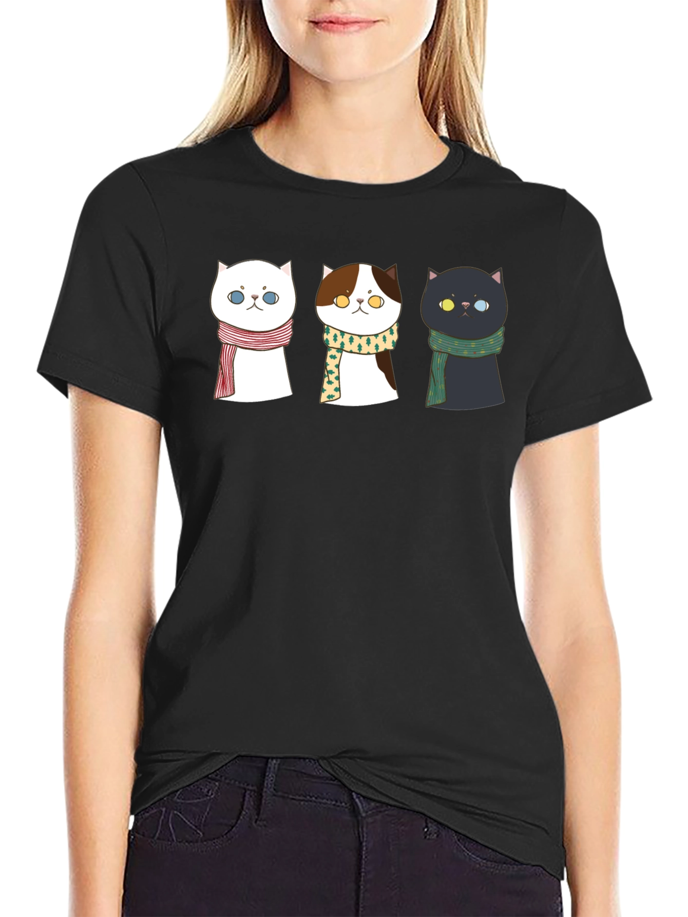 Black Cute Cat T-Shirt with Scarves view 2
