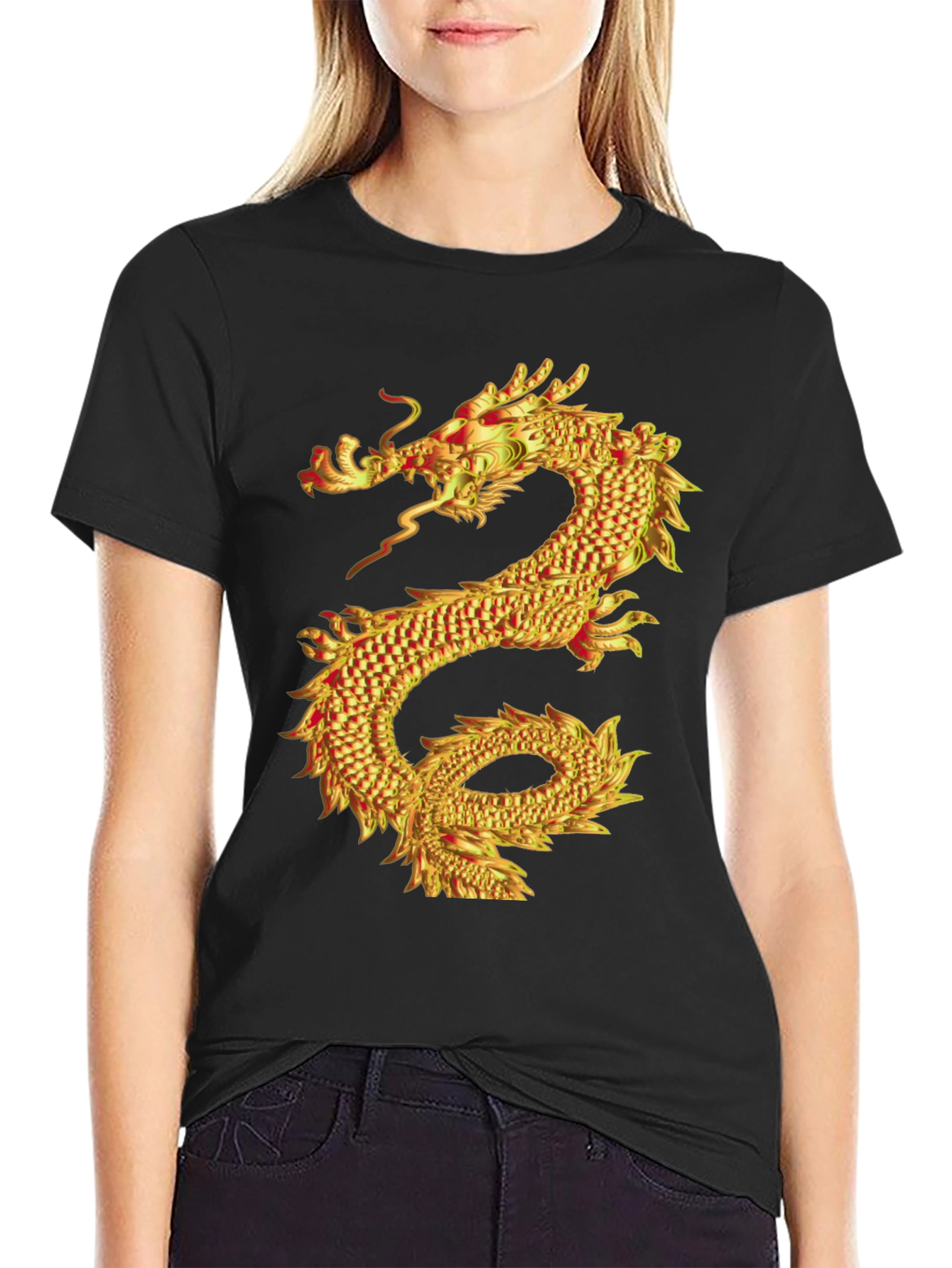Black Golden Dragon Graphic Print Black T-Shirt view 2
