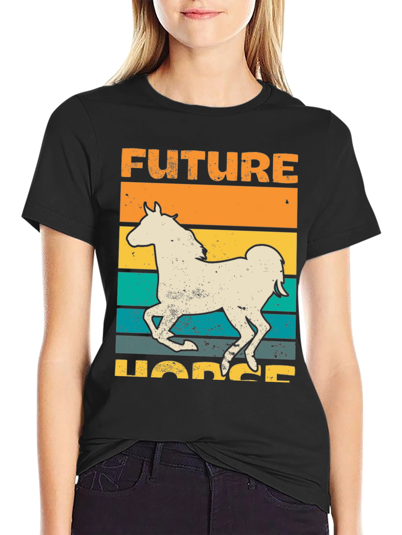 Black Future Horse T-Shirt Retro Style Graphic Tee view 2