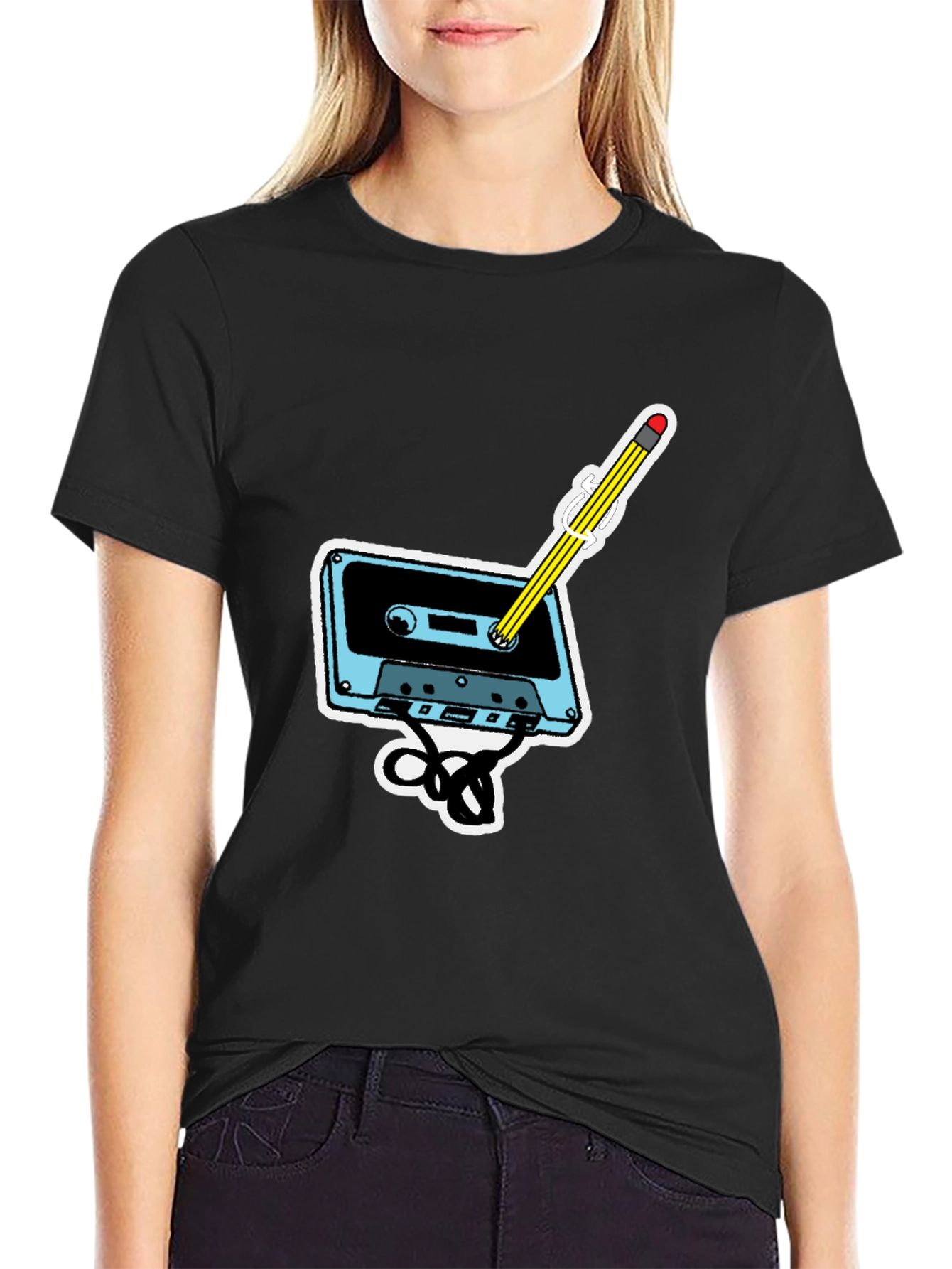 Black Retro Cassette & Pencil Graphic T-Shirt view 2