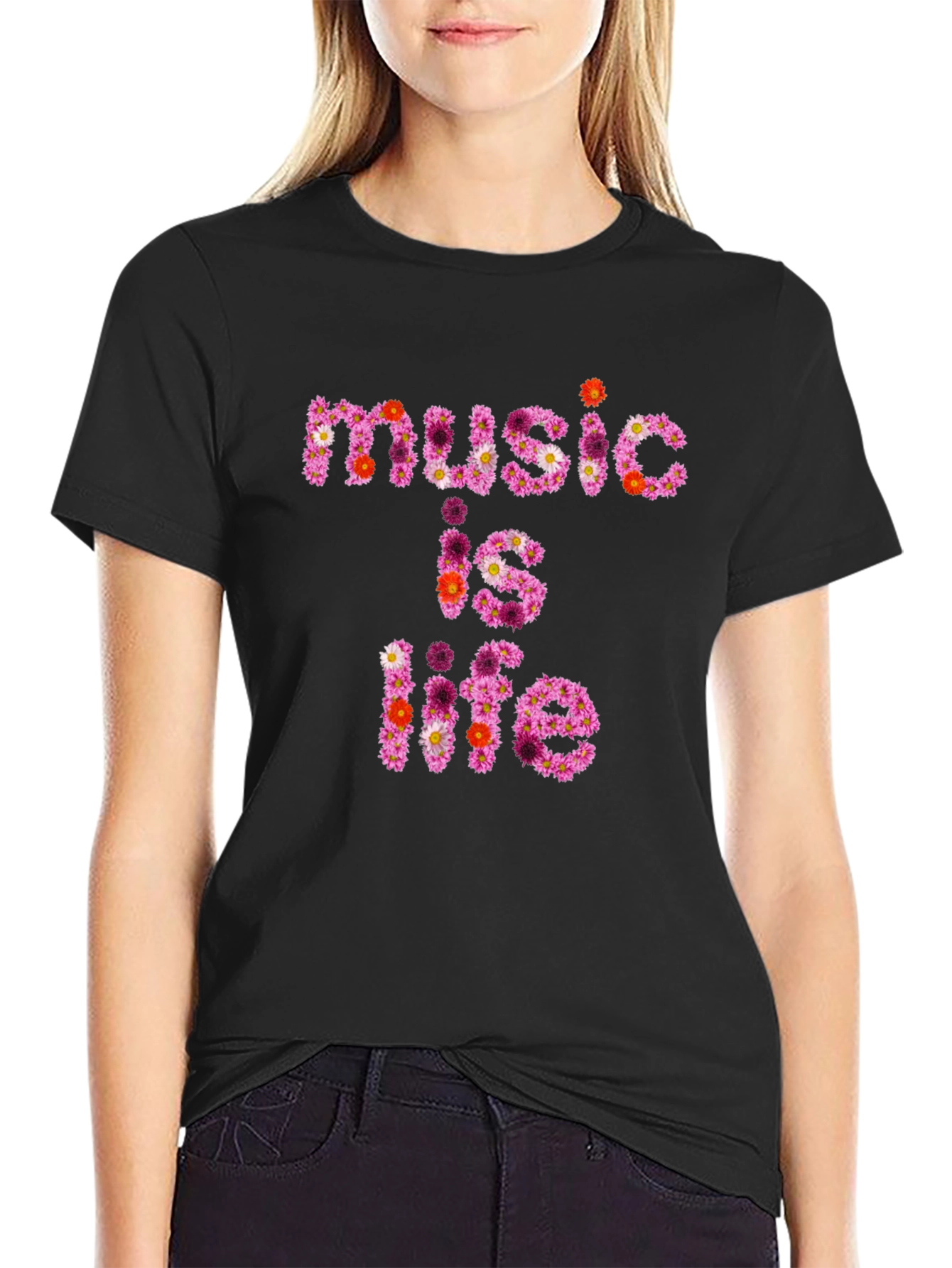 Black Floral 'Music is Life' Graphic Black T-Shirt view 2