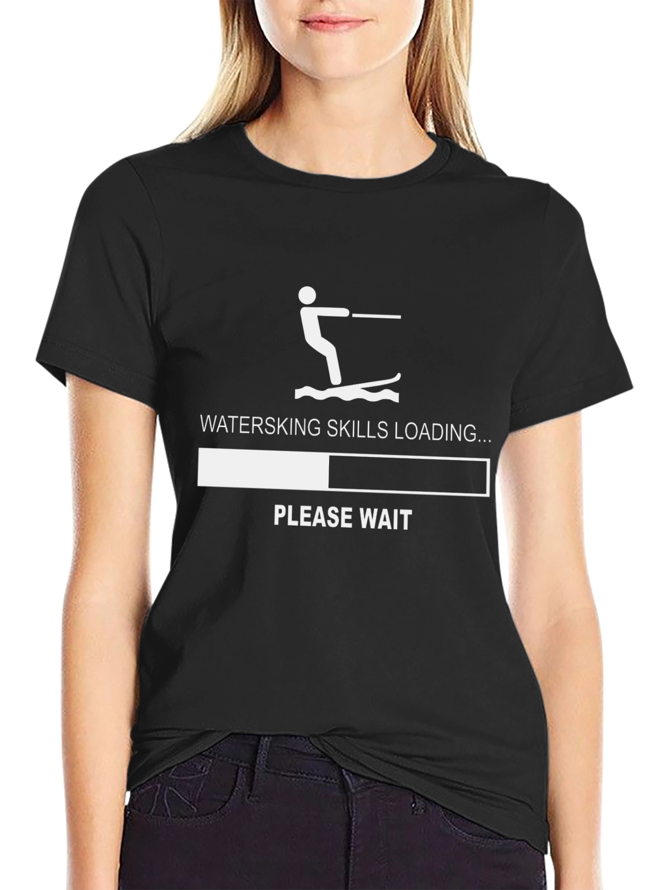 Black Waterskiing Skills Loading T-Shirt - Funny Summer Tee view 2