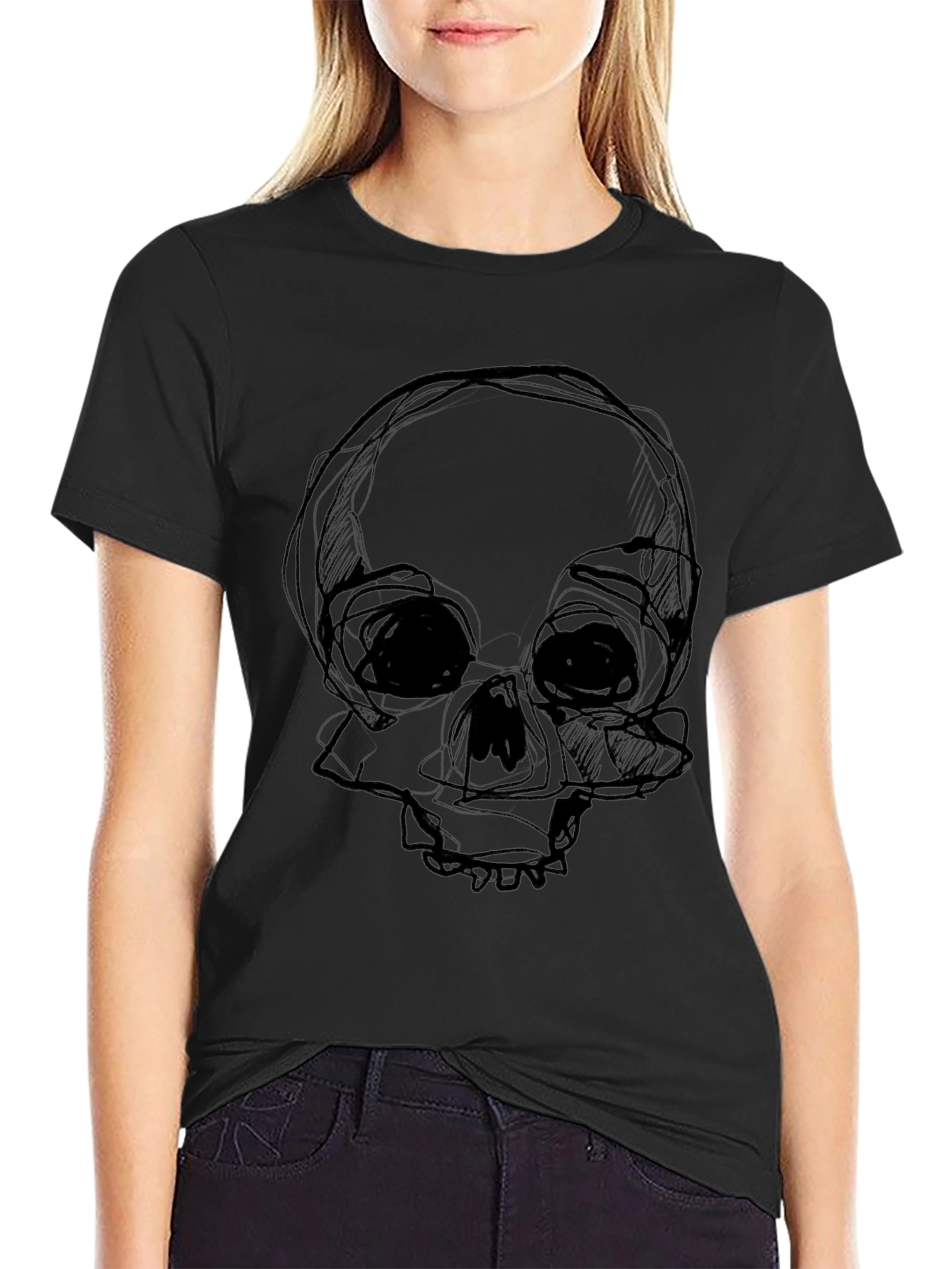 Black Skull Sketch Graphic Black T-Shirt view 2