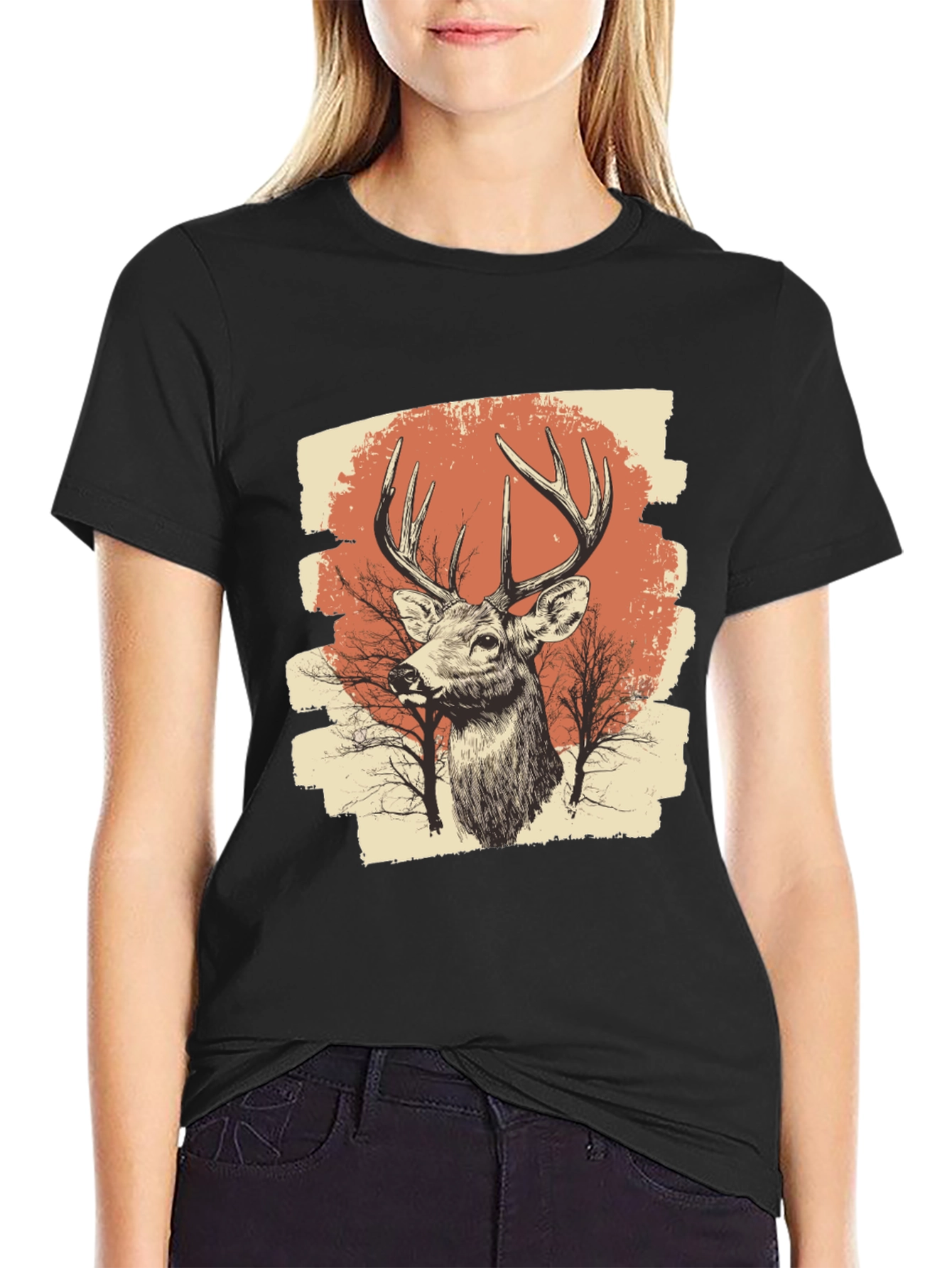 Black Deer Graphic Print Black T-Shirt view 2