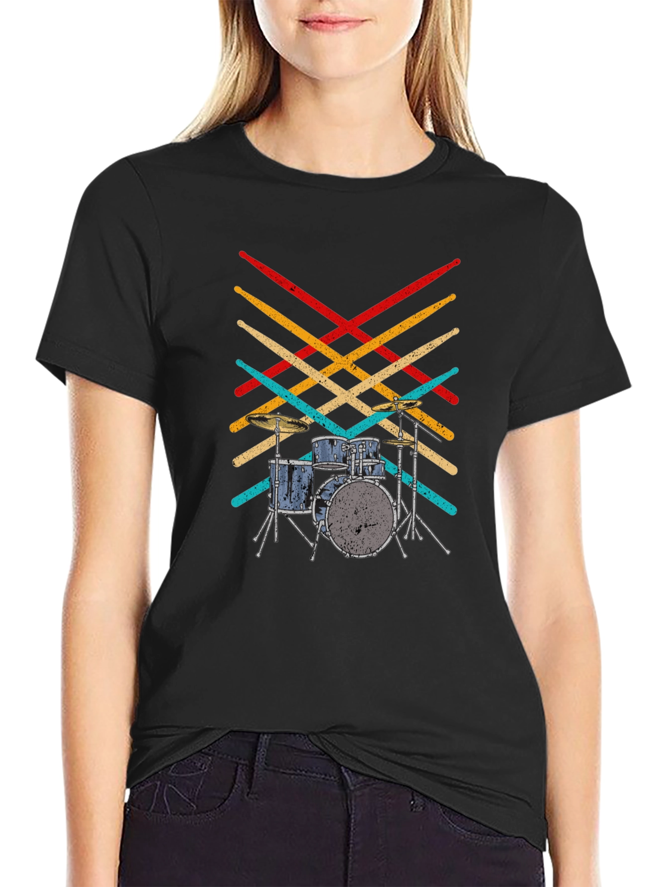 Black Drum Set T-Shirt - Retro Drumsticks Music Tee view 2