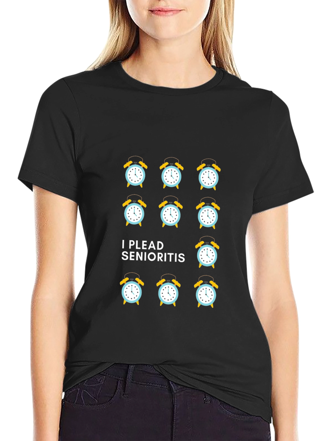 Black I Plead Senioritis Clock T-Shirt view 2