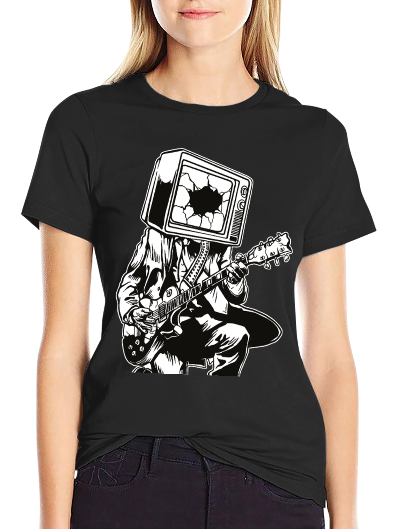 Black Guitar Man with TV Head Graphic T-Shirt view 2