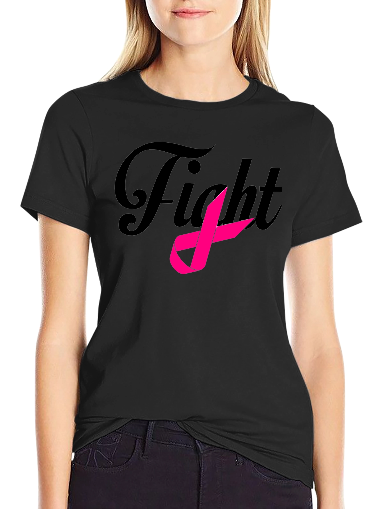 Black Fight Breast Cancer Ribbon Black T-Shirt view 2