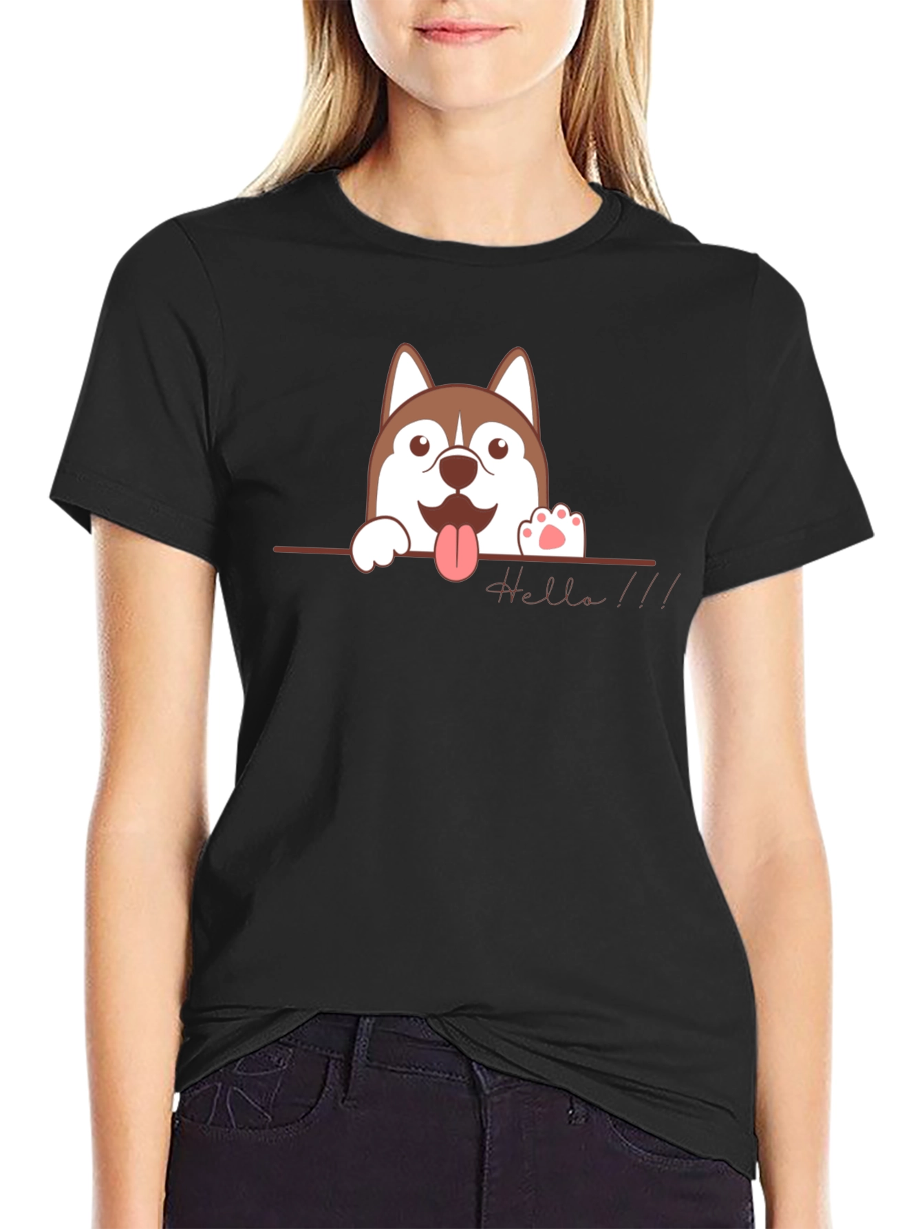 Black Cute Husky "Hello" Black T-Shirt view 2