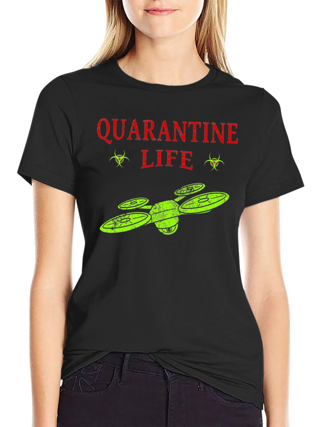 Black Quarantine Life Drone T-Shirt - Funny Novelty Tee view 2