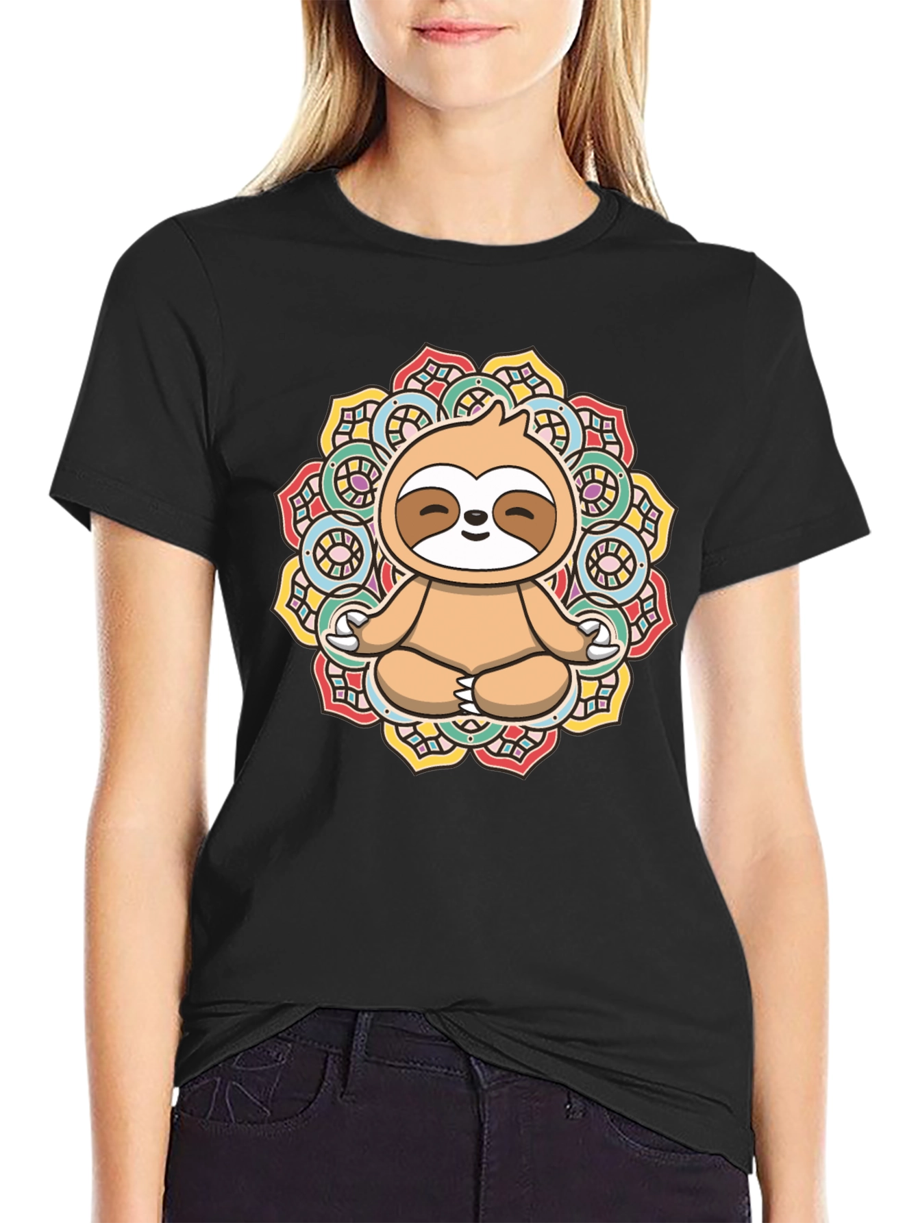 Black Meditating Sloth Mandala Graphic Tee view 2