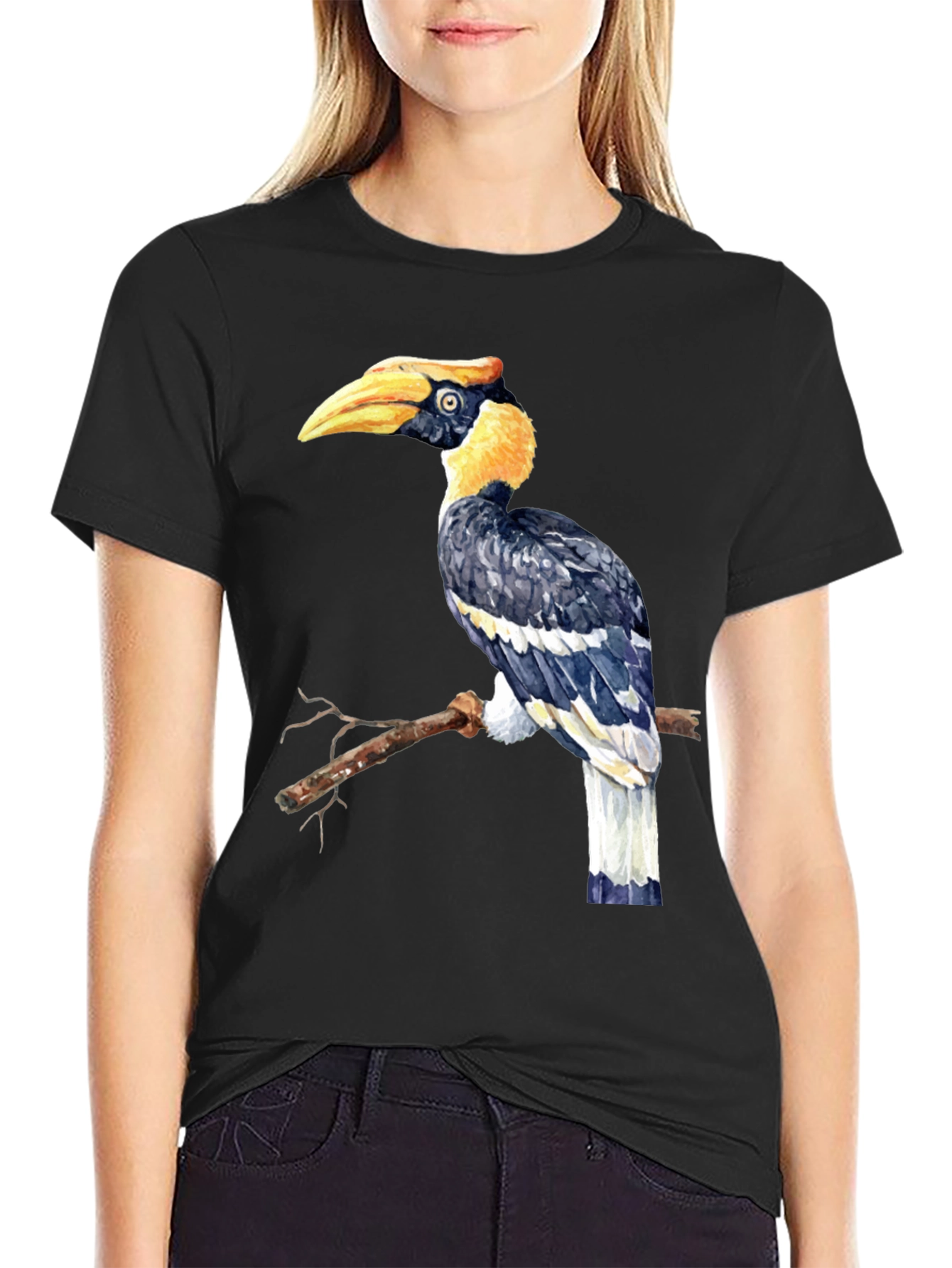 Black Hornbill Bird Graphic Tee - Unique Animal Design T-Shirt view 2