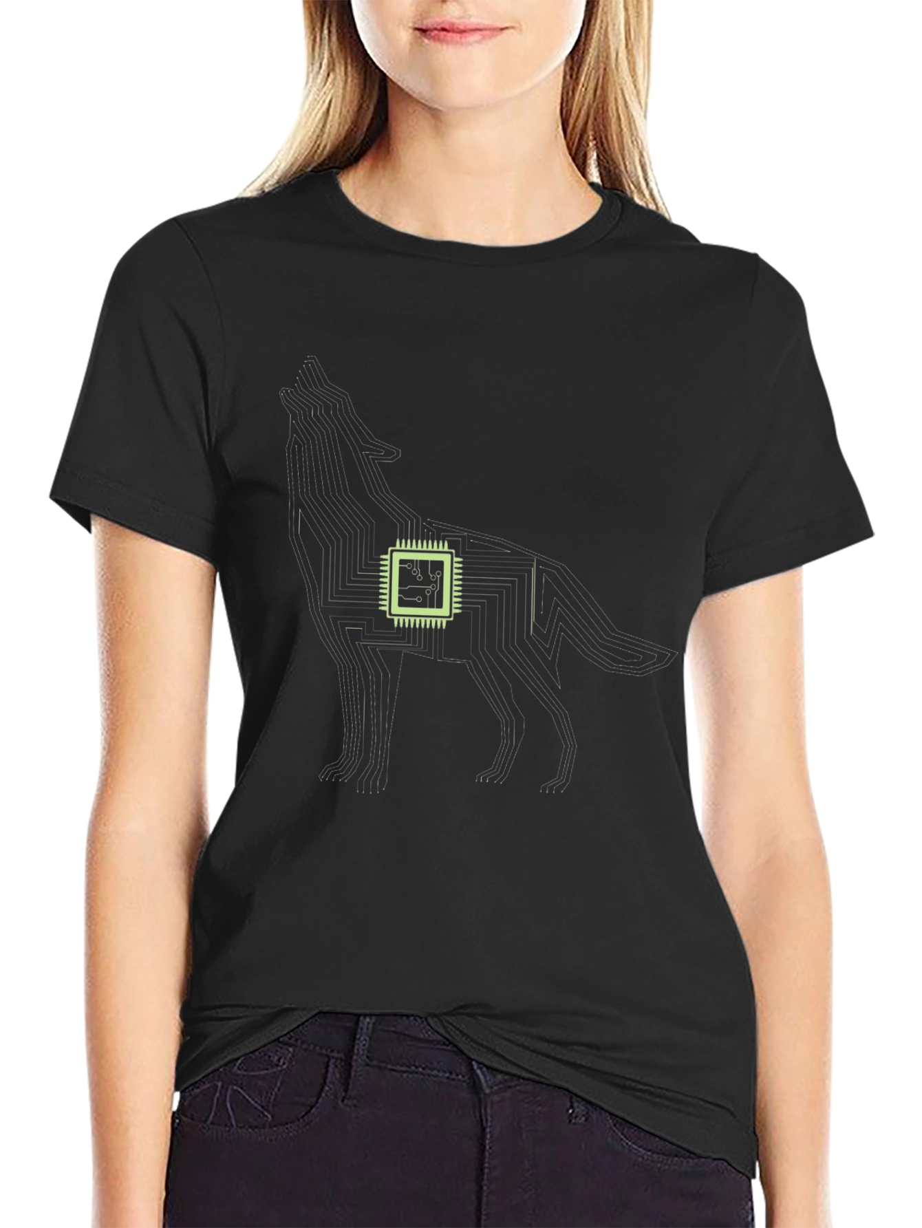 Black Tech Wolf Graphic Tee - Circuit Board Style view 2