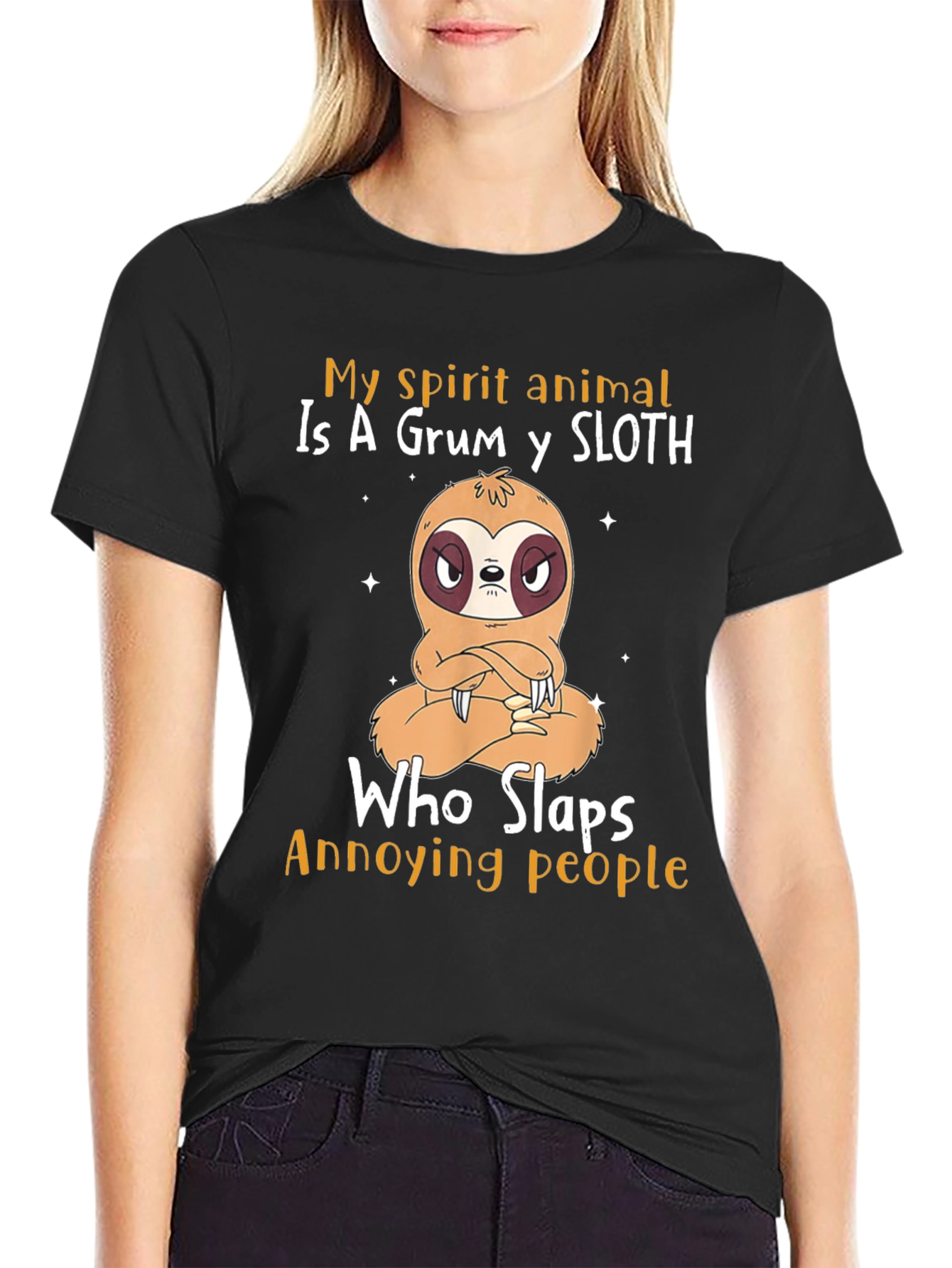 Black Grumpy Sloth T-Shirt - Slaps Annoying People view 2