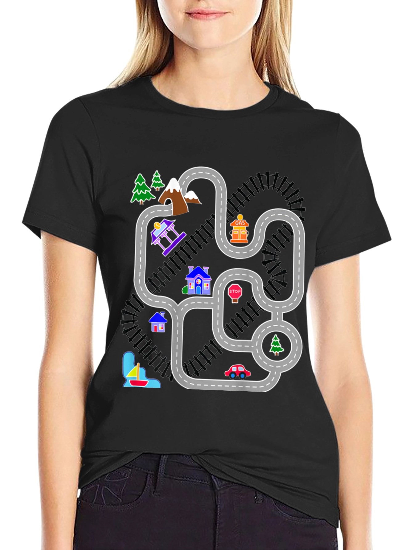Black Playful Road Map Graphic Tee view 2