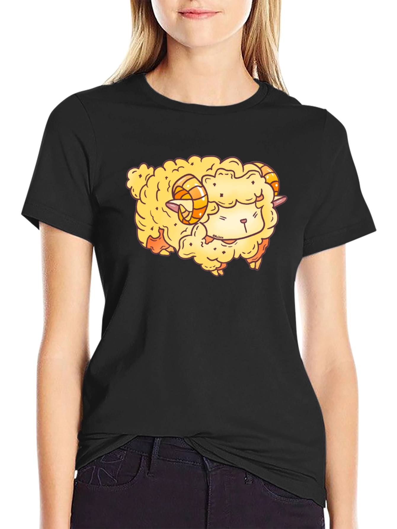 Black Cute Cartoon Sheep Graphic T-Shirt view 2