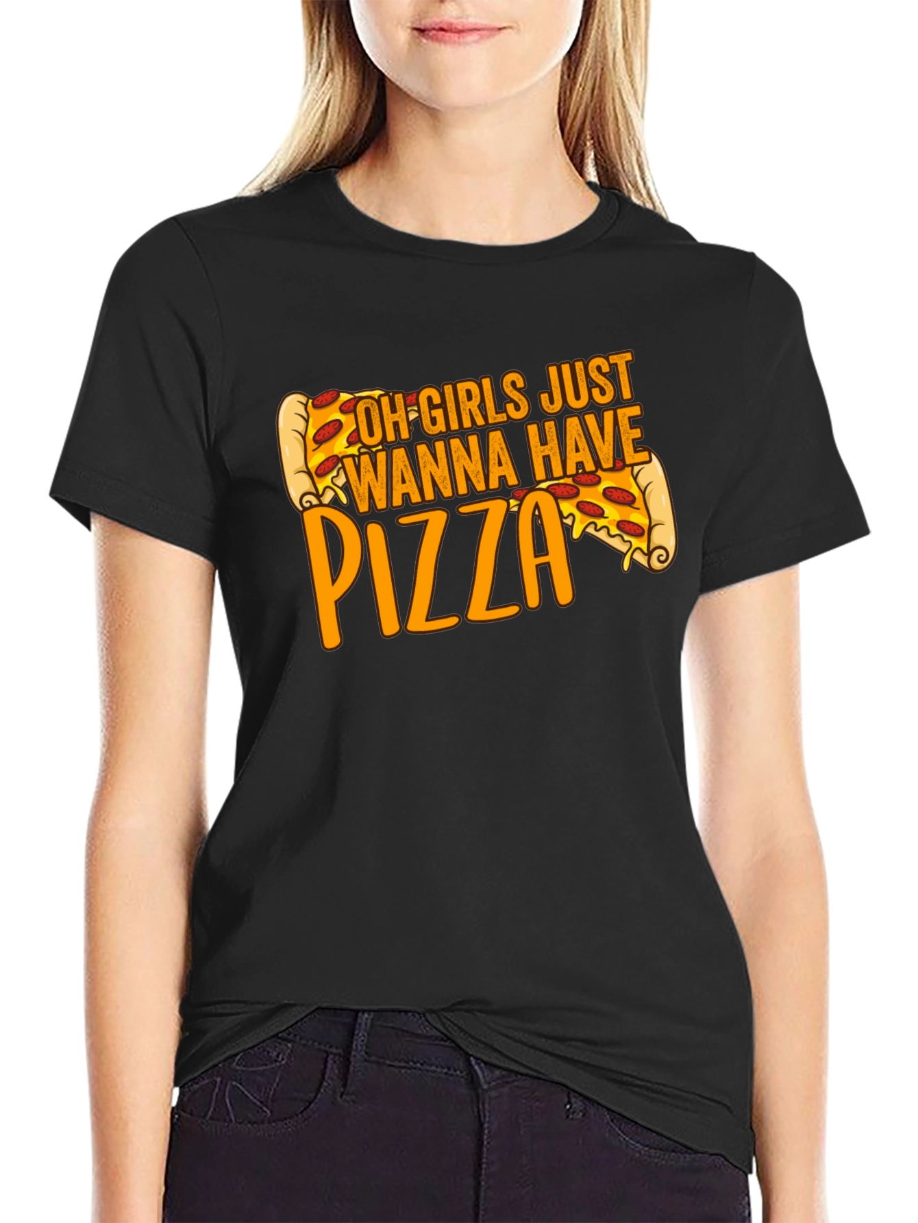 Black Pizza Lover T-Shirt - Girls Just Wanna Have Pizza Graphic Tee view 2