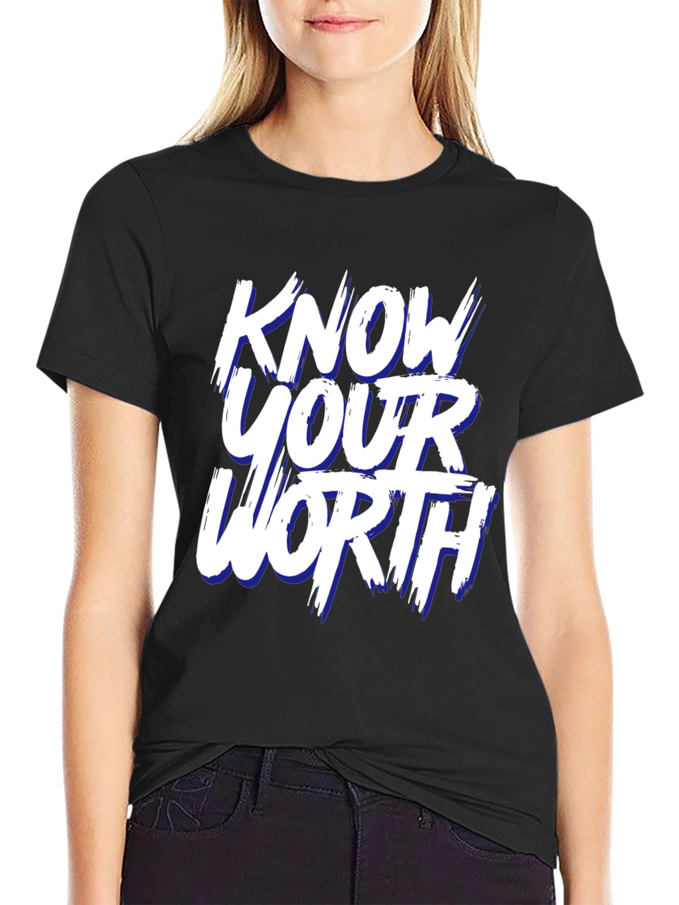Black Know Your Worth Graphic Tee - Black Cotton Blend view 2