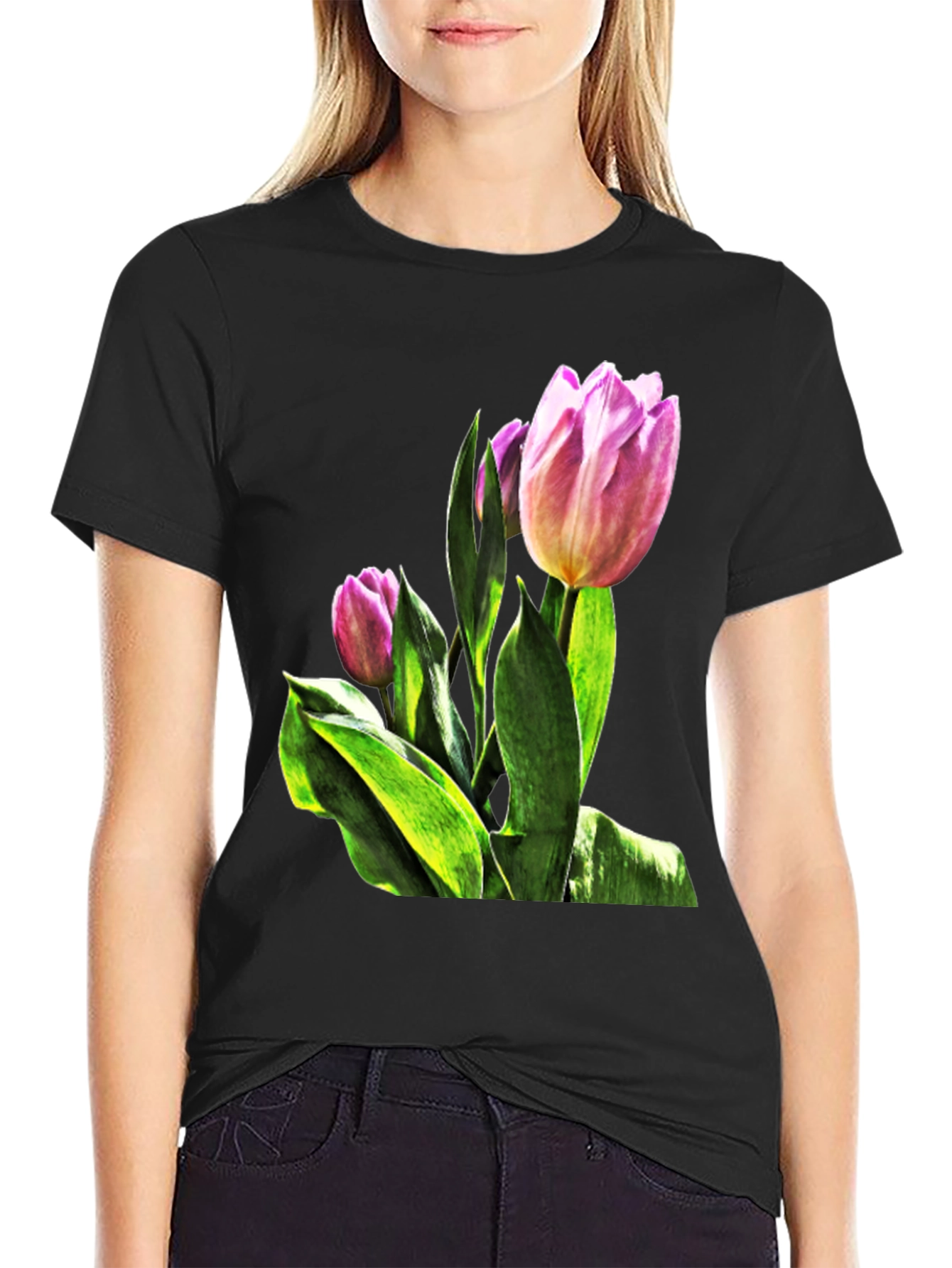 Black Tulip Flower Graphic T-Shirt - Stylish Floral Tee view 2