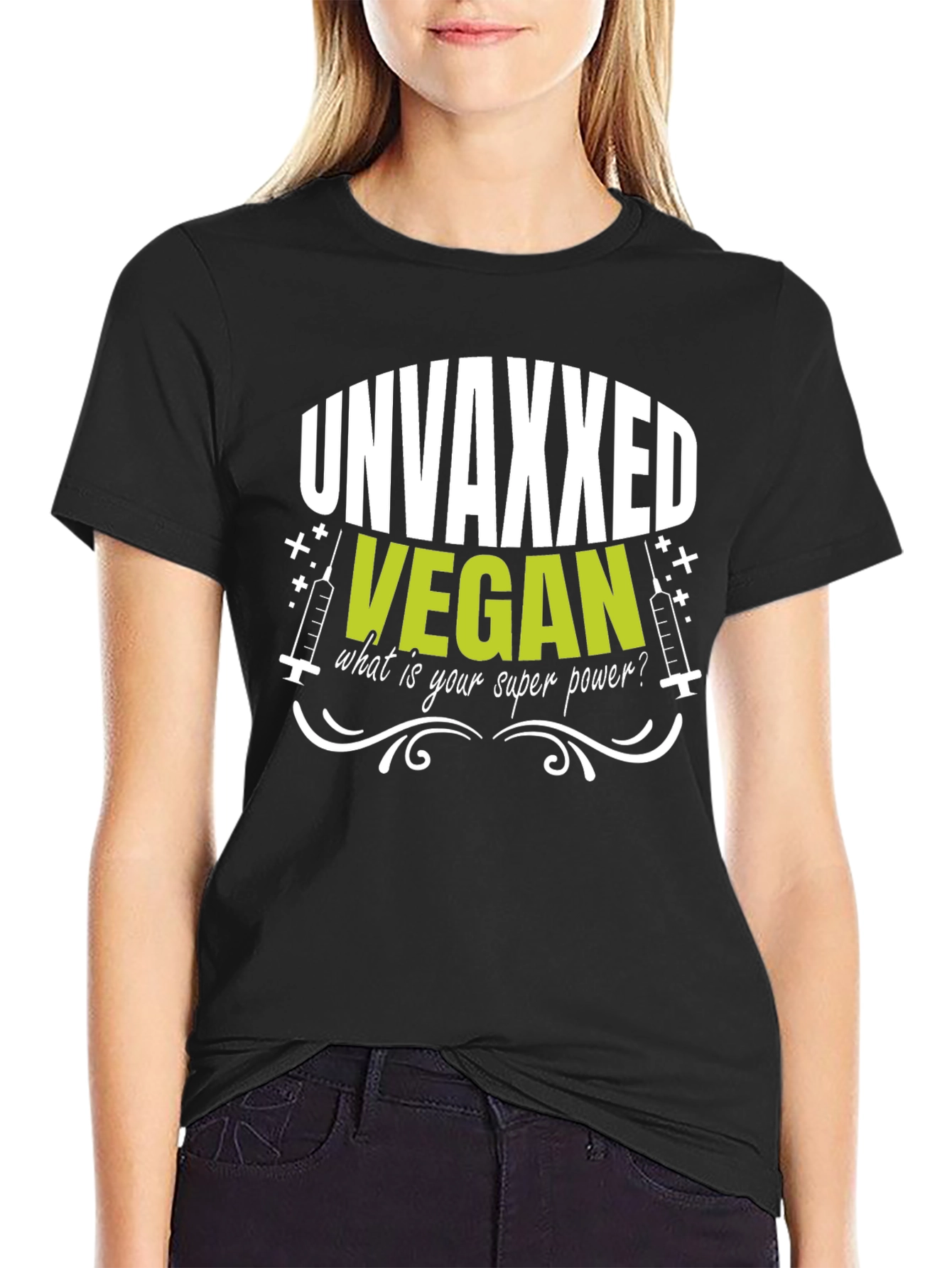 Black Unvaxxed Vegan Superpower T-Shirt view 2