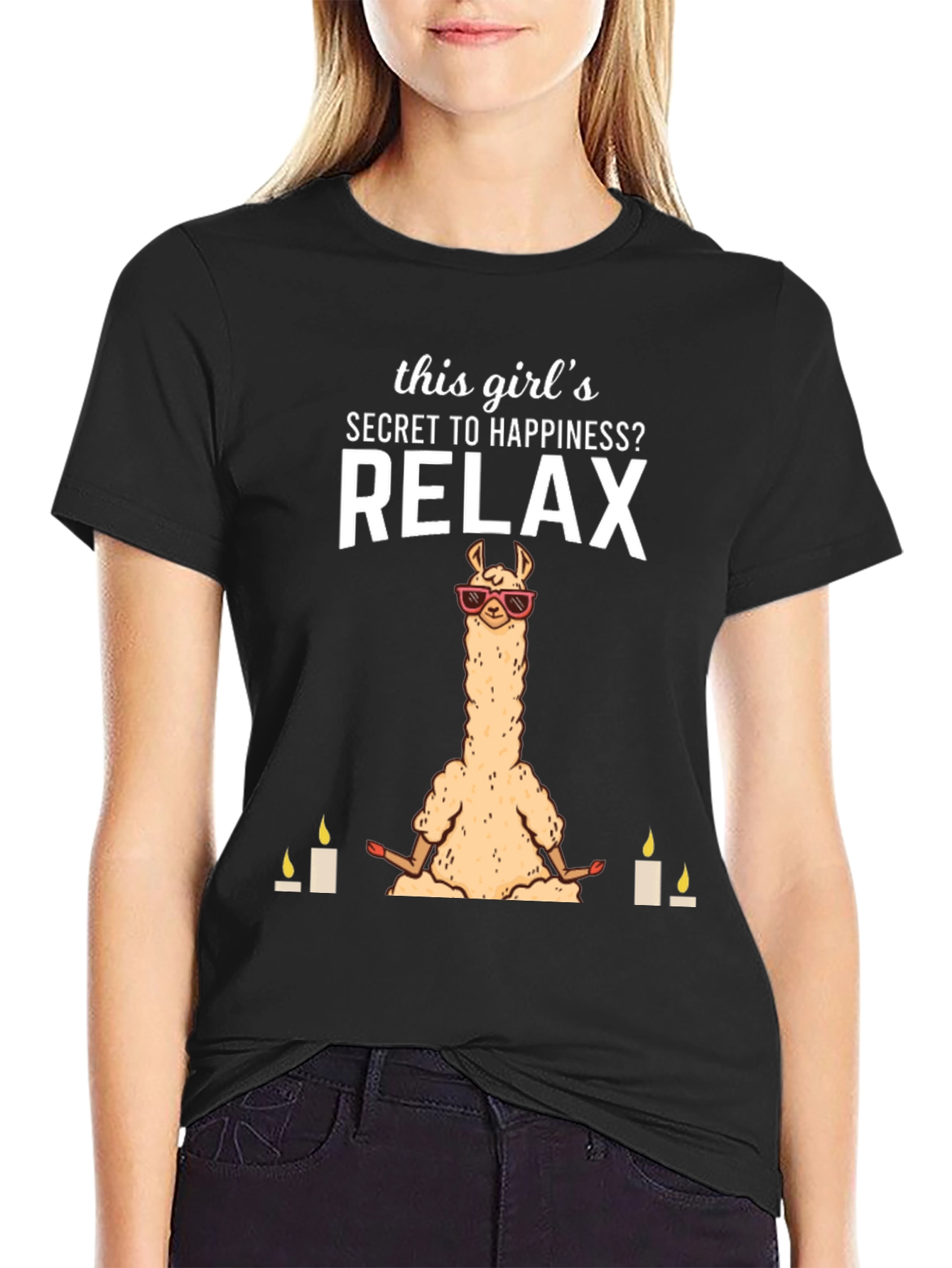 Black Relax Llama T-Shirt - Meditation & Happiness view 2