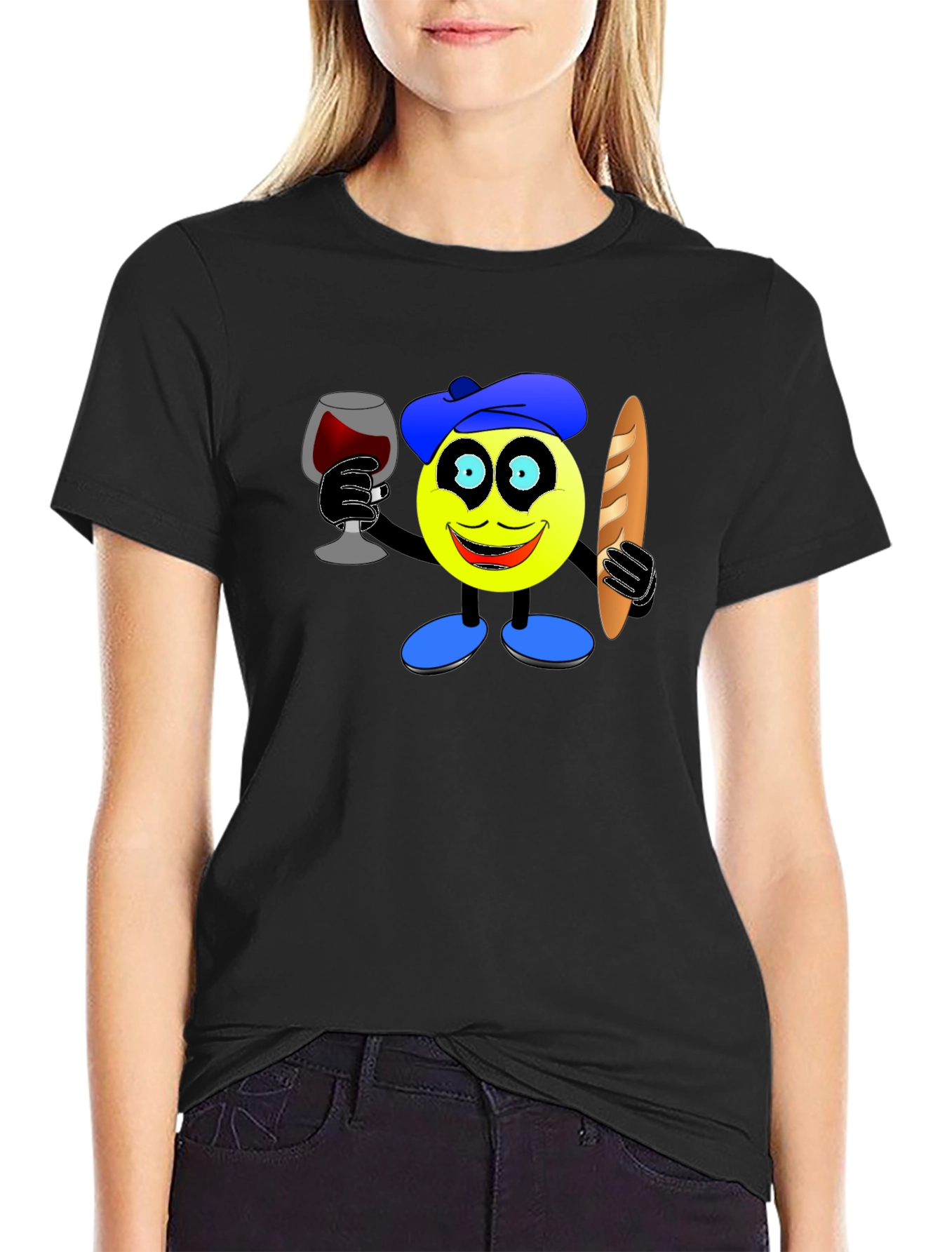 Black French Emoji T-Shirt - Wine & Baguette view 2