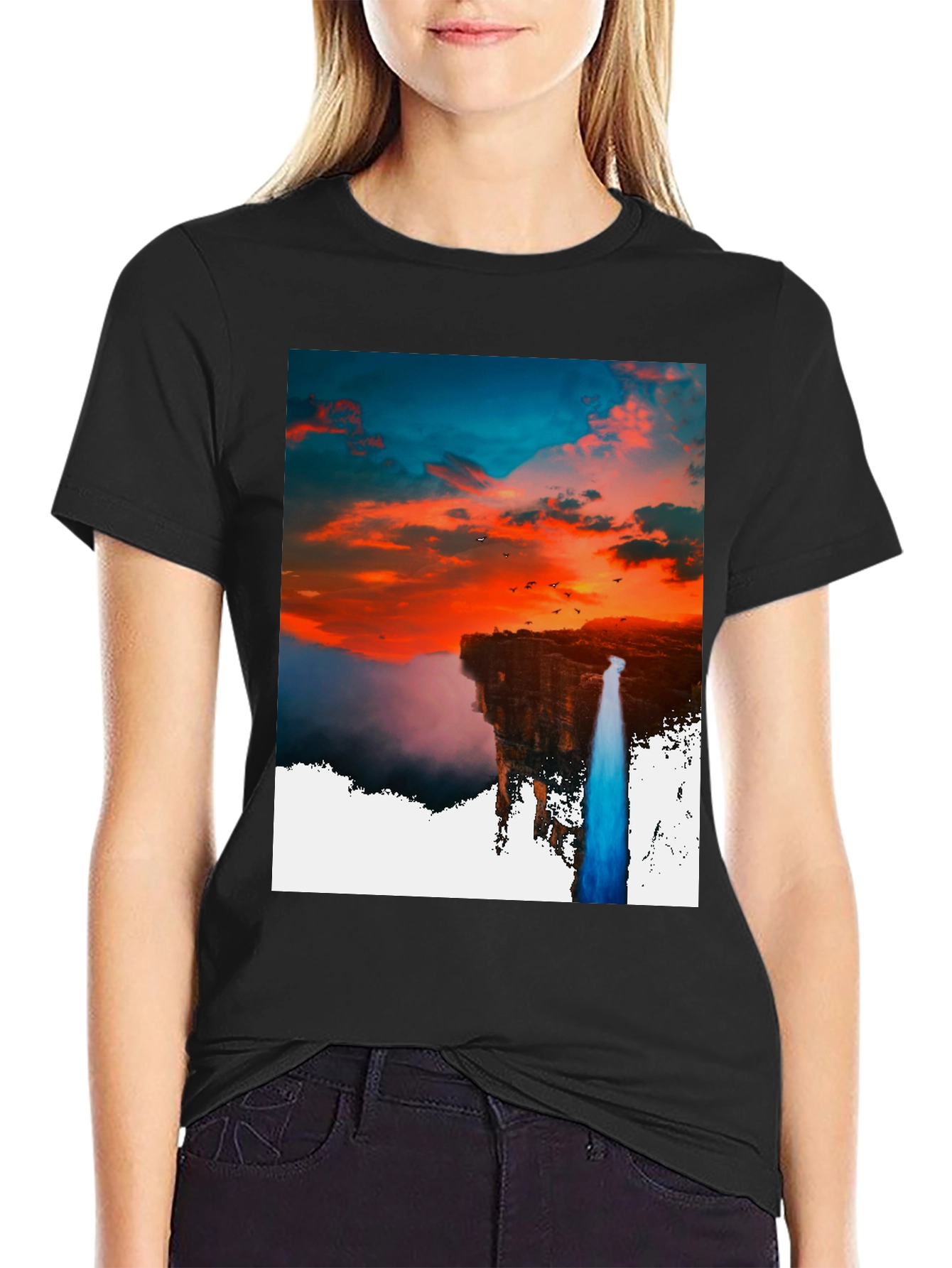 Black Sunset Waterfall Graphic Tee - Unique Design view 2
