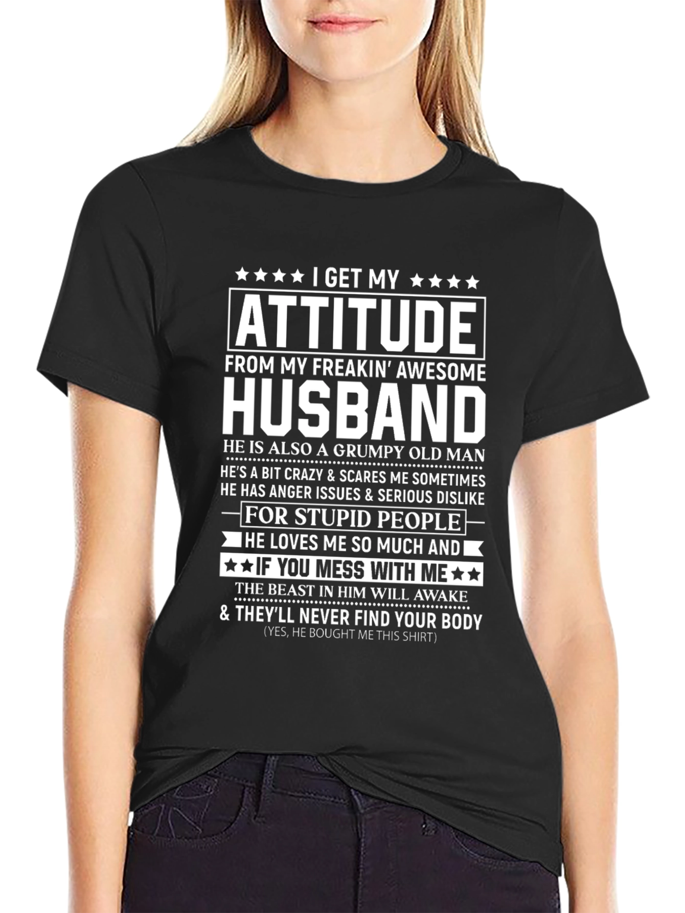 Black Funny Husband T-Shirt: I Get My Attitude From My Husband view 2
