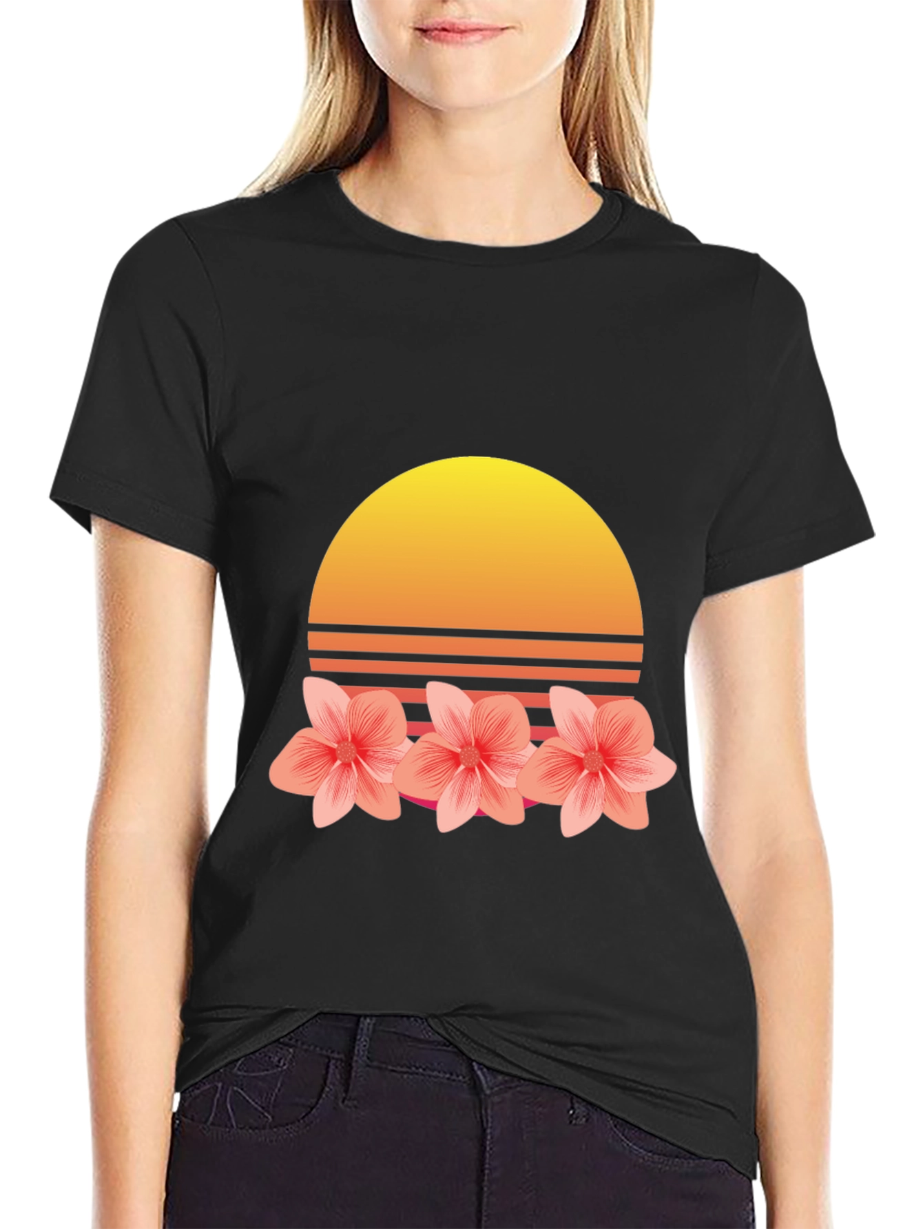 Black Retro Sunset Floral T-Shirt view 2