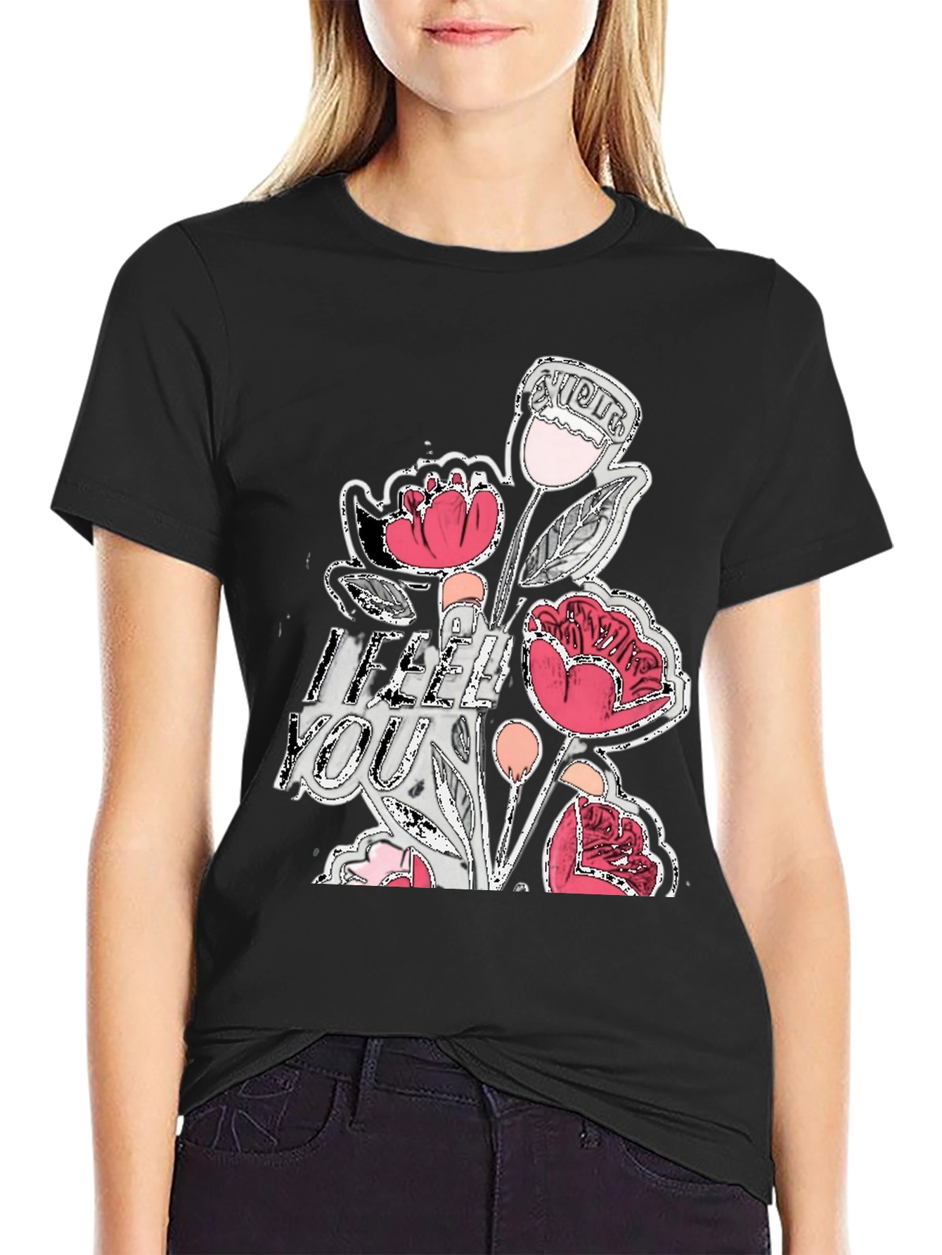 Black Floral Graphic Print Crew Neck Tee - Casual Style view 2