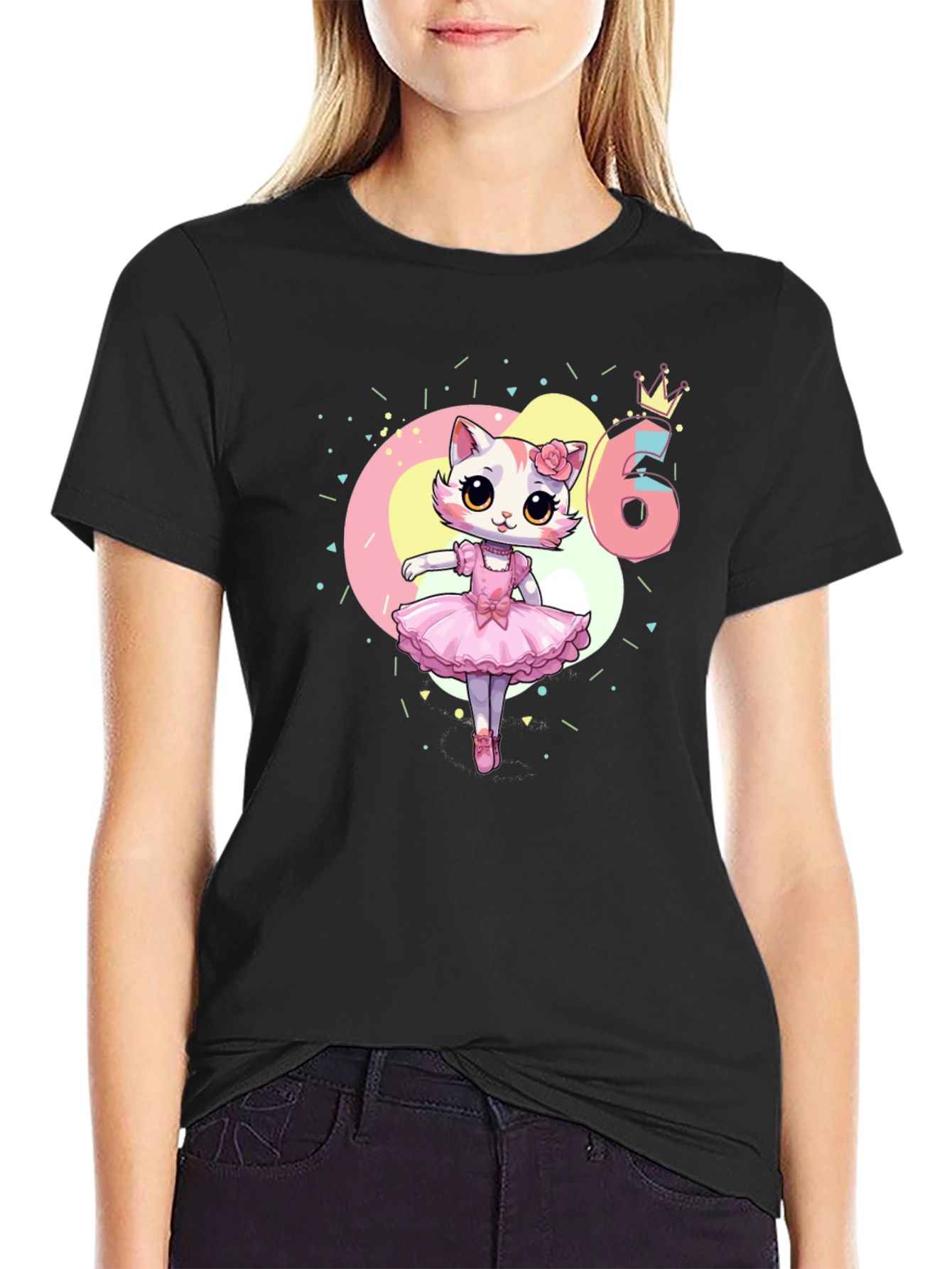 Black Cute Kitty Ballerina 6th Birthday T-Shirt view 2