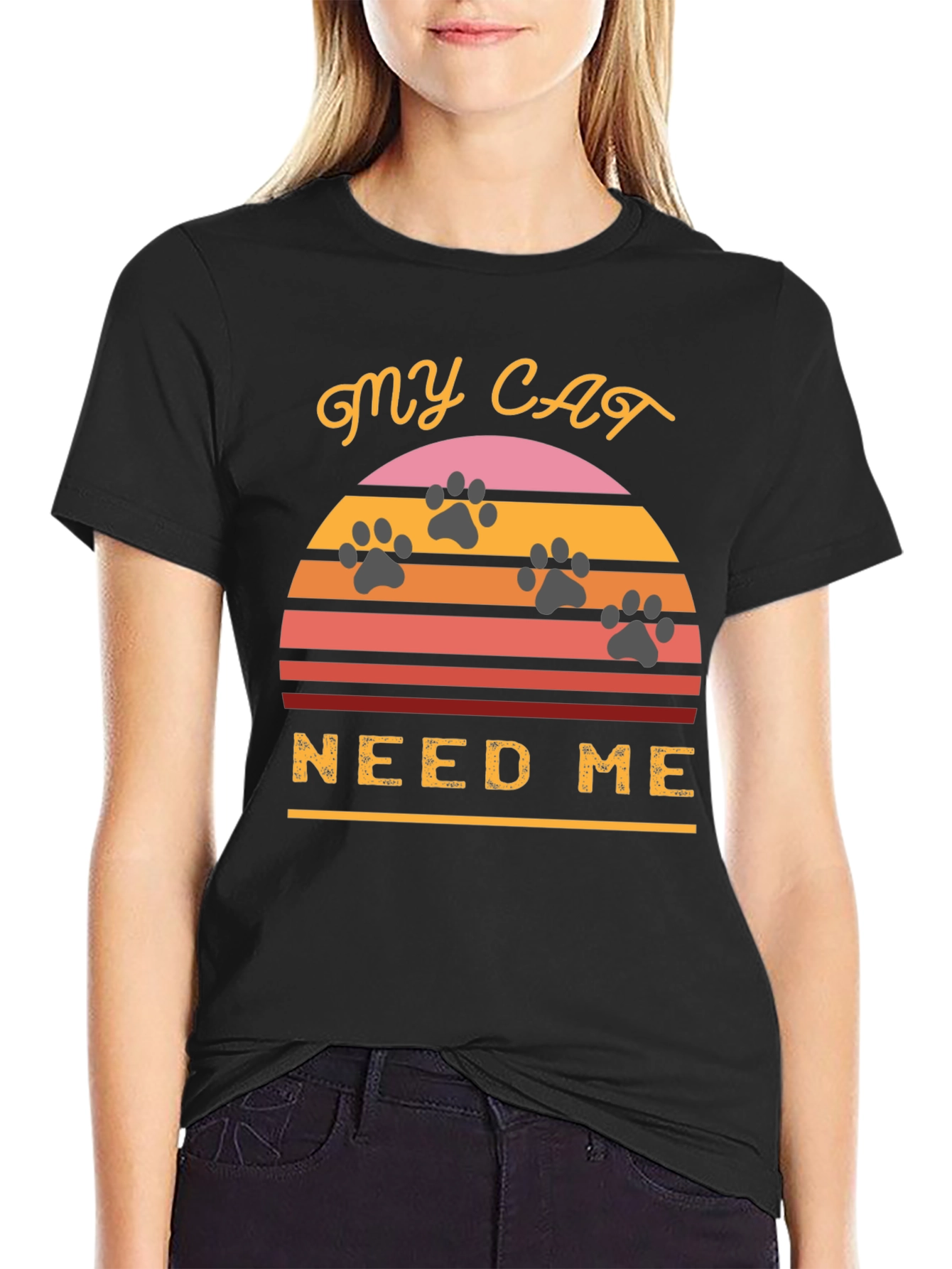 Black My Cat Needs Me T-Shirt - Retro Sunset Style view 2