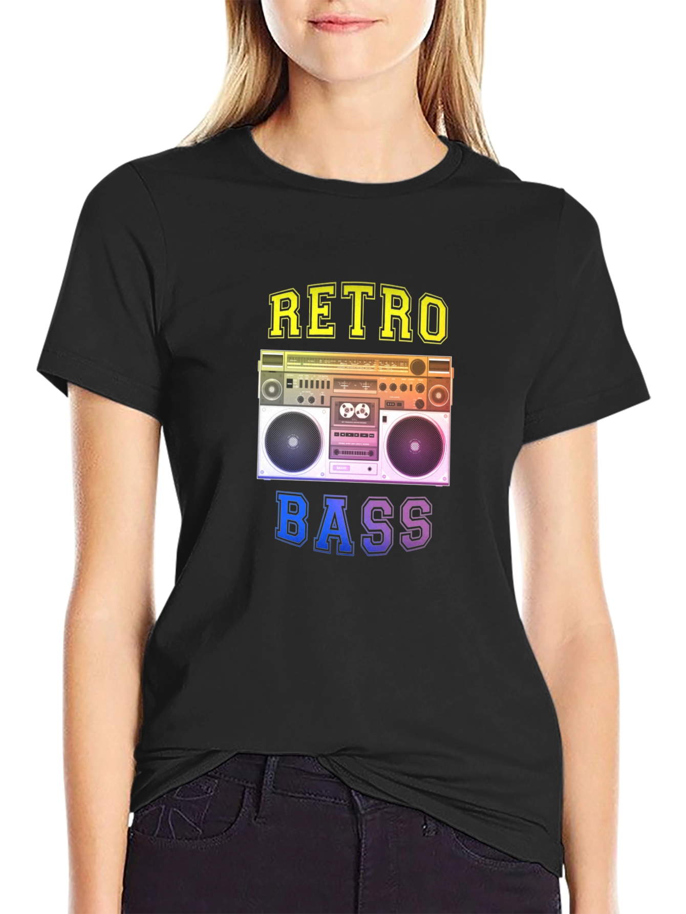 Black Retro Bass Graphic Tee - Vintage Boombox Design view 2