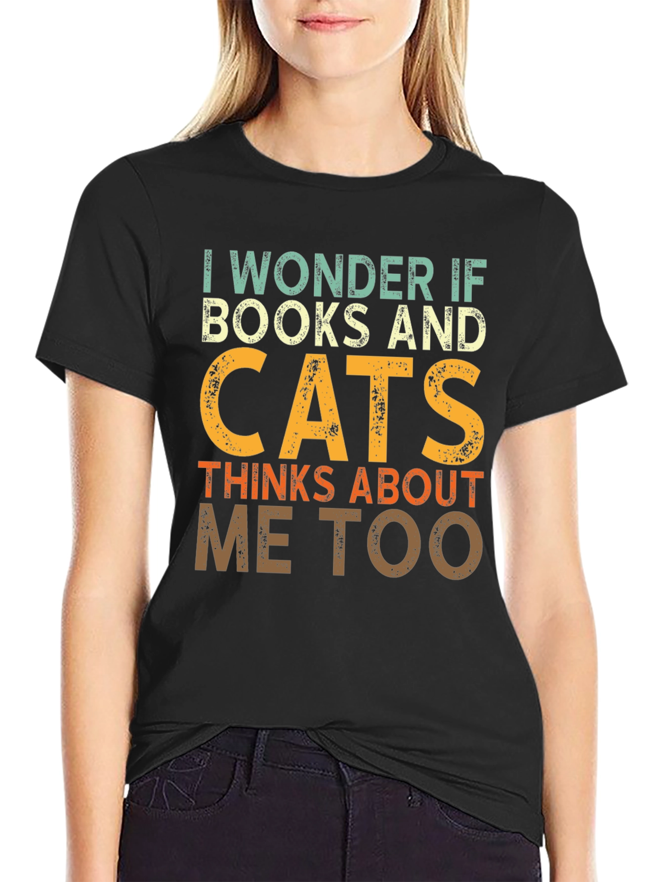 Black I Wonder If Books & Cats T-Shirt view 2