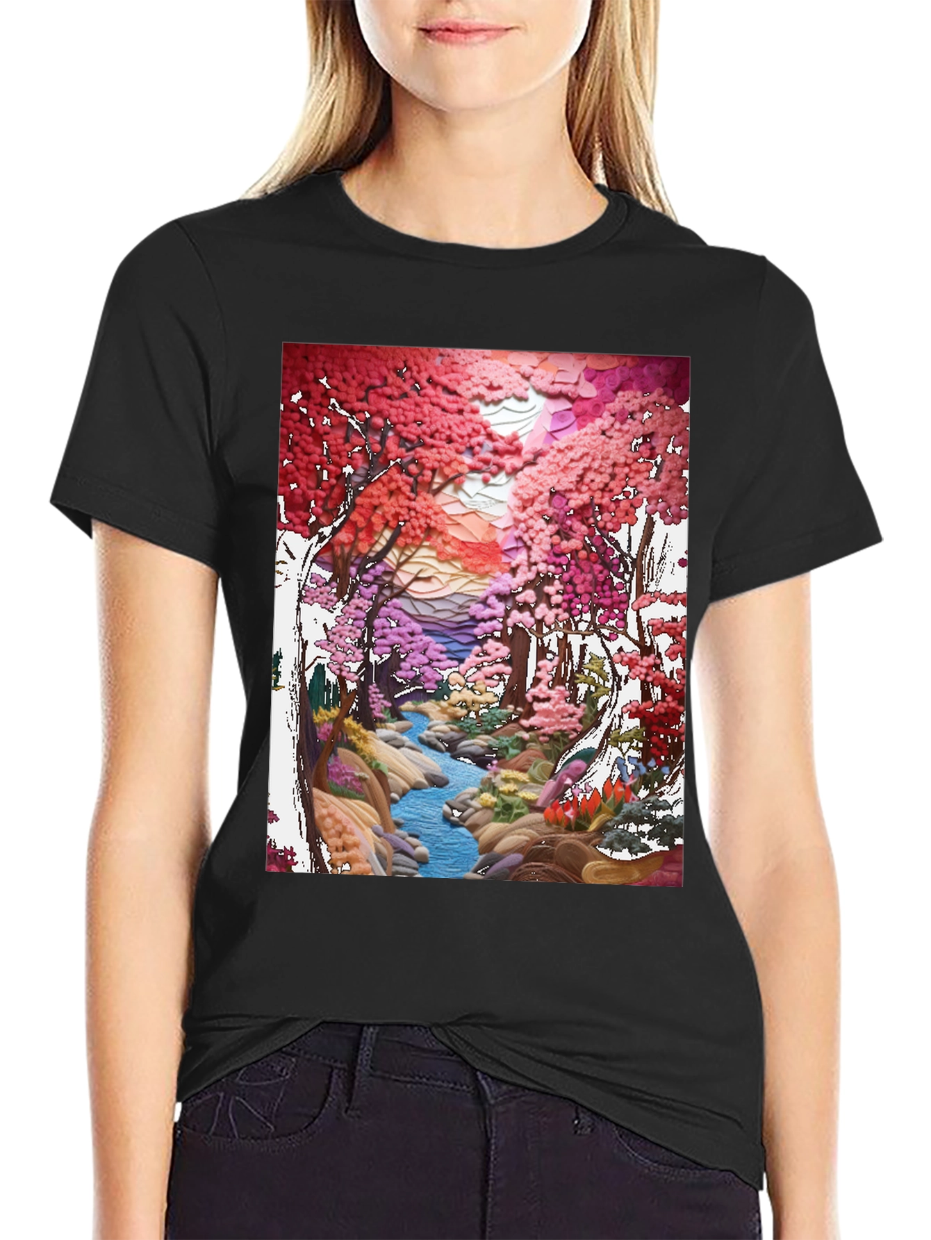 Black Cherry Blossom Stream Art T-Shirt view 2