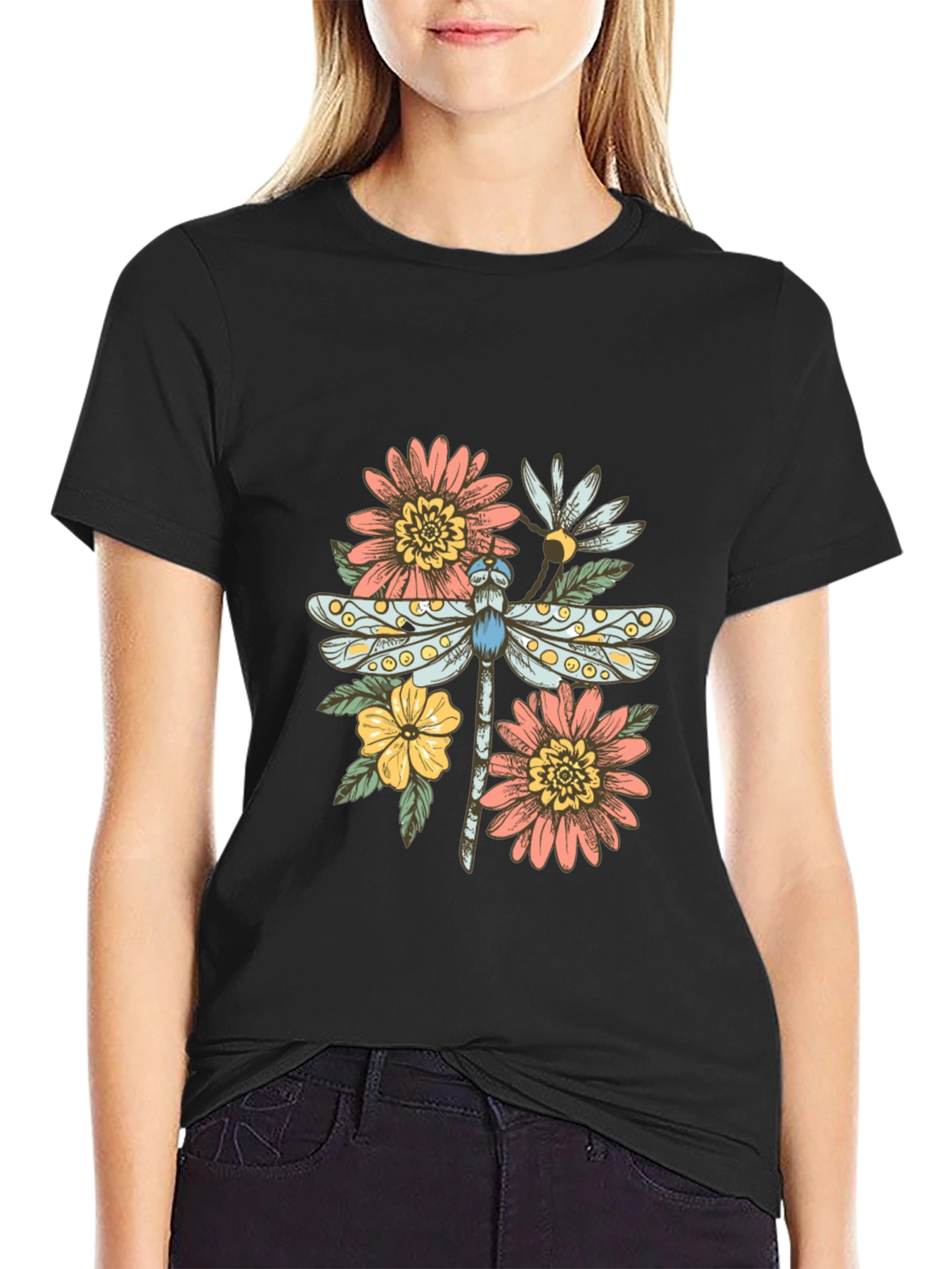Black Dragonfly Floral Graphic Tee - Trendy Casual Top view 2